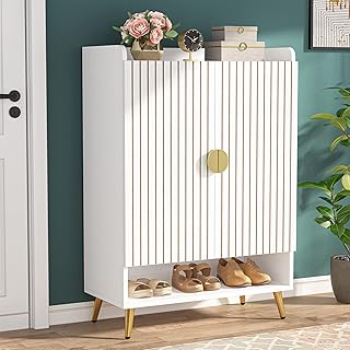 Tribesigns Shoe Cabinet with Doors, 6-Tier Shoe Storage Cabinet with Adjustable Shelves, Wooden Shoes Rack Shoe Storage Organizer for Entryway, Hallway, Closet, Living Room, White & Gold