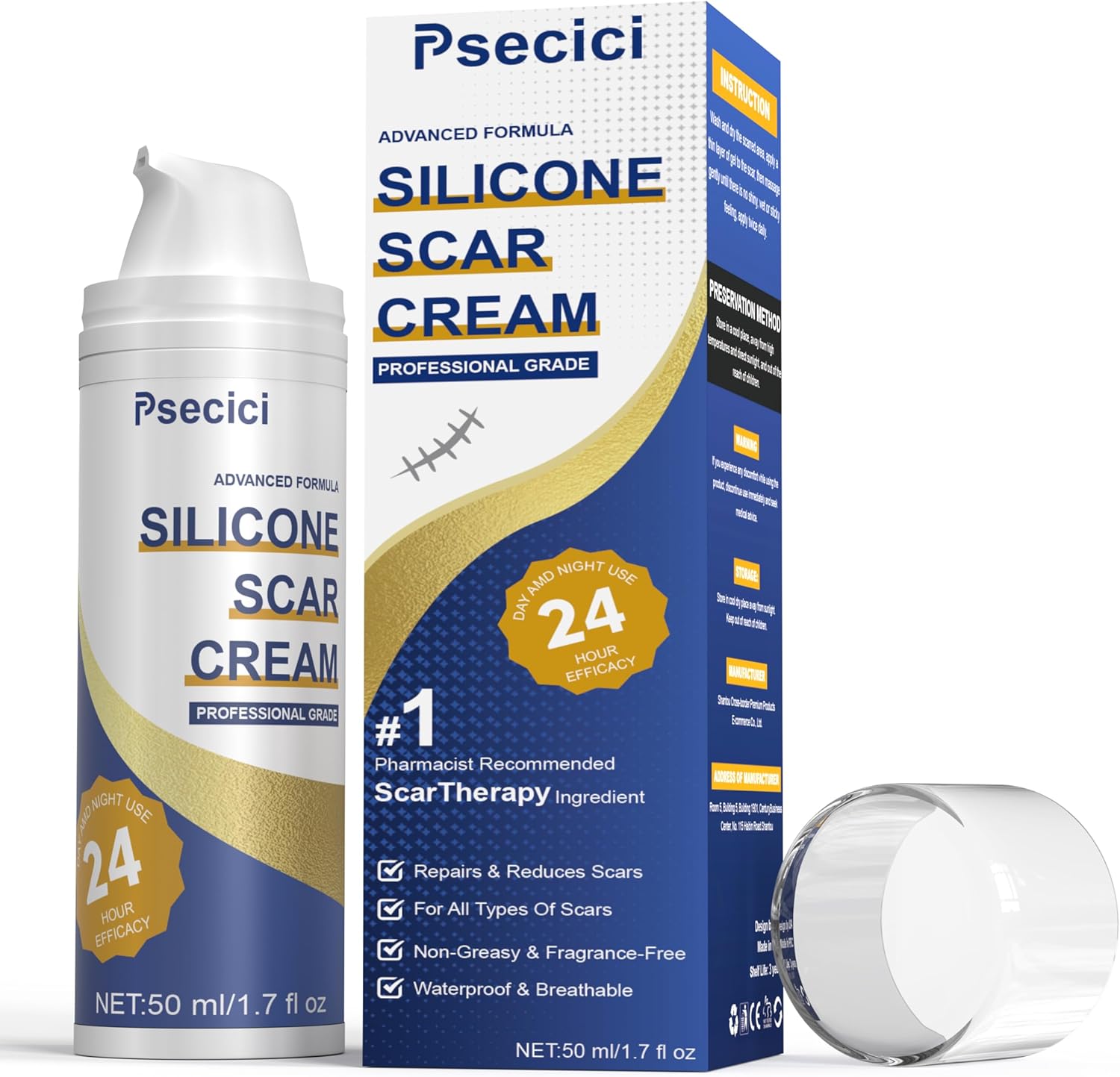 Psecici Scar Cream, Silicone Scar Gel,Scar Cream for Surgical Scars,Burn,Acne,Stretch Mark,Keloid Bump,C Section Scars