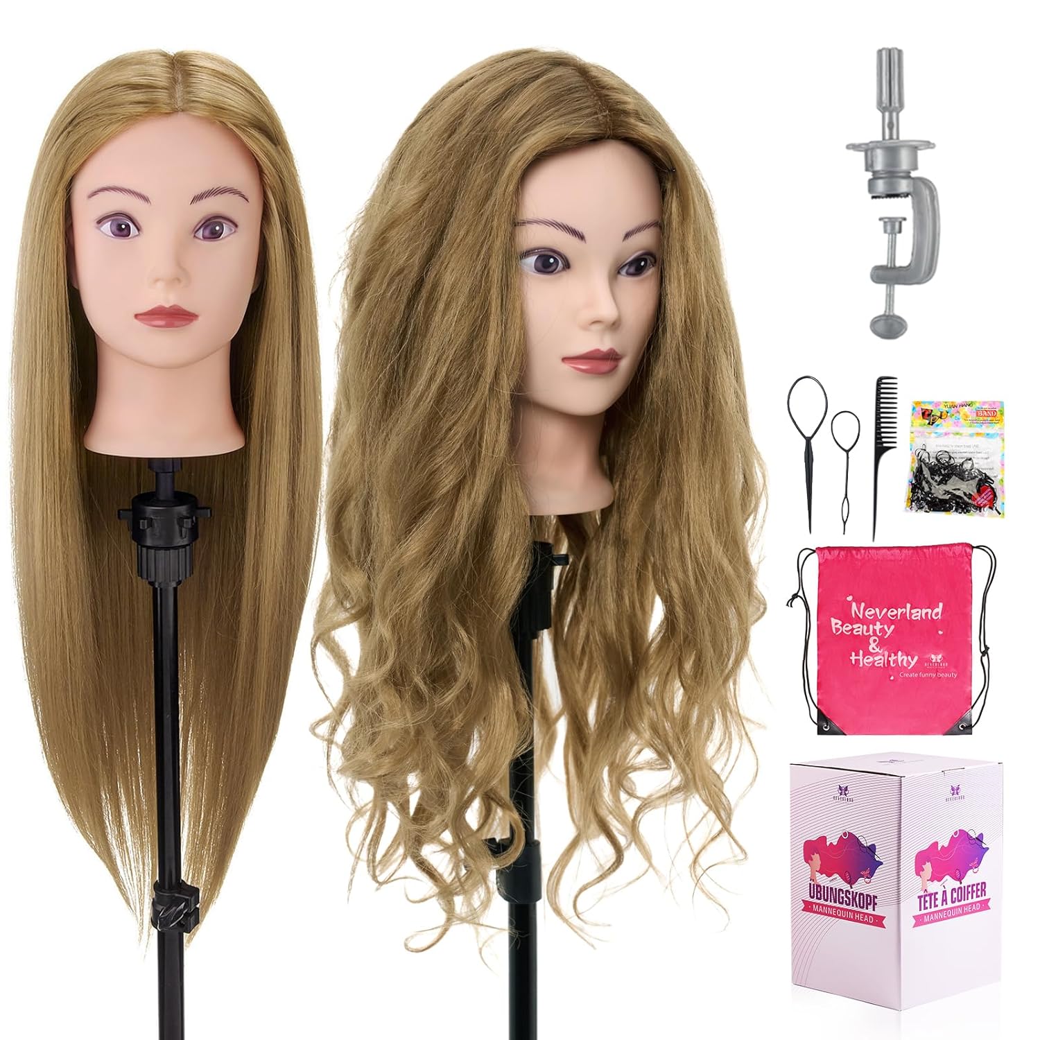 28" Mannequin Head Human Hair, Mannequin Head with 60% Real Hair,Cosmetology Mannequin Doll Head for Hair Styling,Training Practice Braiding Manikin Head with Table Clamp,Hair Styling Set #27
