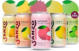 Sanzo Flavored Sparkling Water Variety 12-Pack - Lychee (Berry), Yuzu (Lemon), Pomelo (Grapefruit), Calamansi (Lime), & Mango (Alphonso) - Made with Real Fruit, No Added & Gluten Free - 12 Fl Oz
