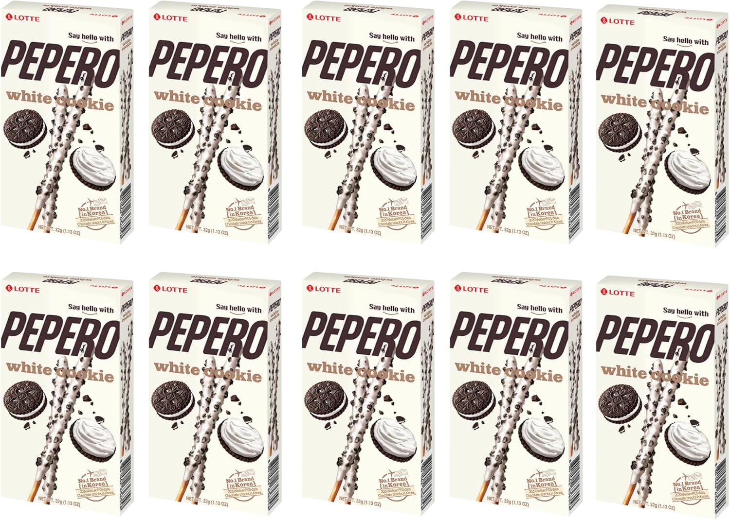 Pepero White Cookie Sticks 32g x 10 Pack – Korean Snack, Crunchy Biscuit Sticks Coated in Cookies & Cream – Delicious Treat for Sharing & Gifting