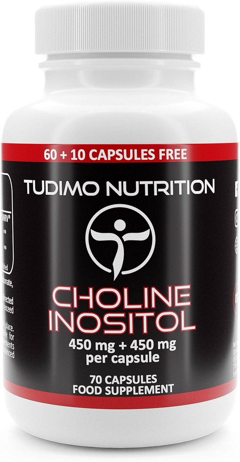 Choline Inositol Capsules - 900mg (450 mg + 450 mg) per Capsule - 70 pcs (2+ Month Supply) of Rapidly Disintegrating Capsules, with 450mg of Cholin Bitartrate and 450mg of Myo Inositol Powder