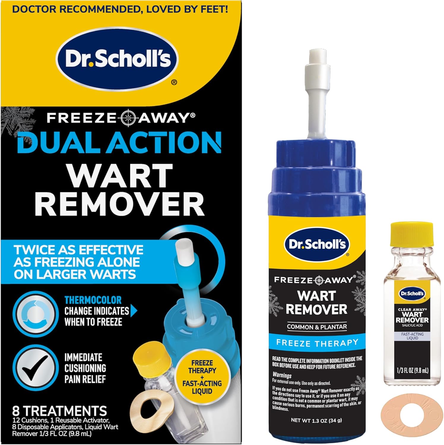 Dr Scholl's Dual Action Freeze Away Wart Remover, 8 ct – Twice as Effective as Freezing Alone on Larger Warts, Fast-Acting Treatment for Common and Plantar Wart Removal, Safe to Use on Kids Ages 4+