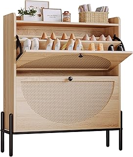IRONCK Shoe Cabinet Storage with 2 Flip Drawers, Free Standing Wooden Shoe Storage Organizer Cabinet with Rattan Doors for Entryway, Narrow Shoe Rack Cabinet, Oak