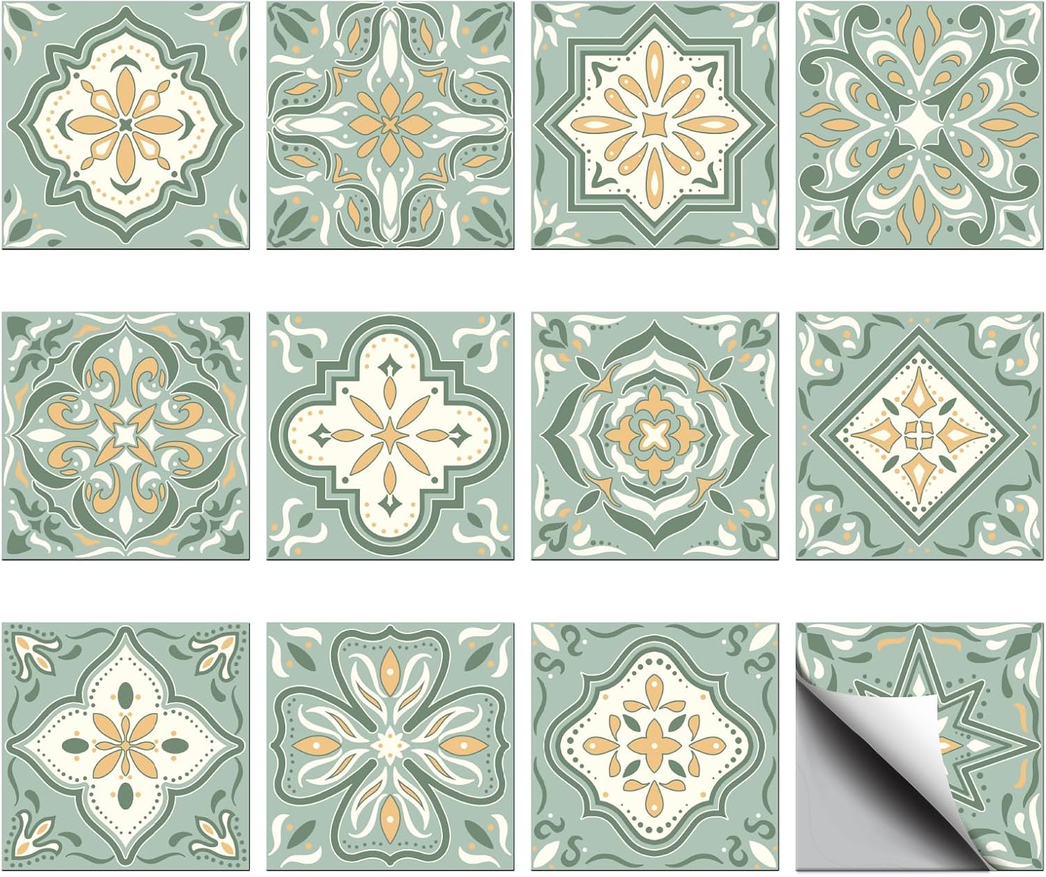 CHGCRAFT 36PCS Bohemian Tile Stickers 4x4 inch Wall Stickers Waterproof Detachable PVC Wall Tile Stickers Decorative Stickers for Kitchen Washroom Bedroom Wall Table Office, Green and Yellow