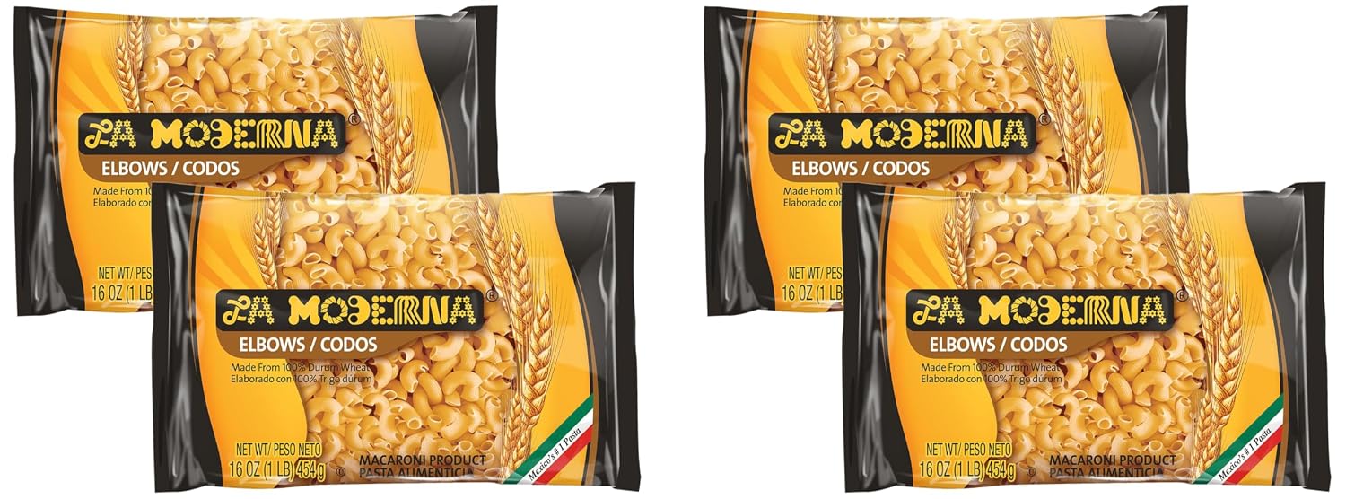 La Moderna Elbow Pasta, Noodles, Durum Wheat, Protein, Fiber, Vitamins, 16 Oz (Pack of 4)