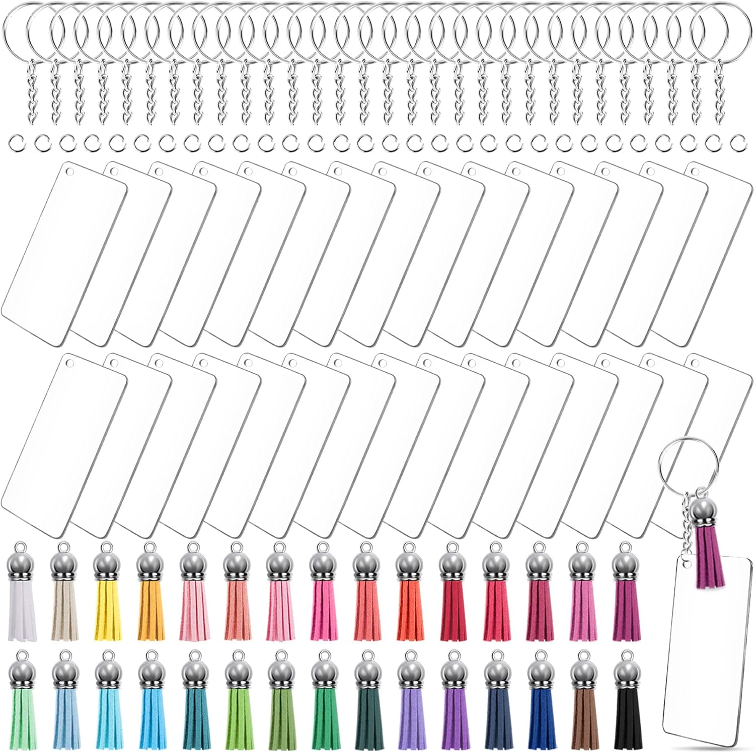 Duufin 120 Pieces Acrylic Keyring Blanks Tassels Set Including 30 3x7cm Rectangle Acrylic Blanks 30 Keyrings with Chain 30 Tassels and 30 Jump Rings for DIY Projects and Craft