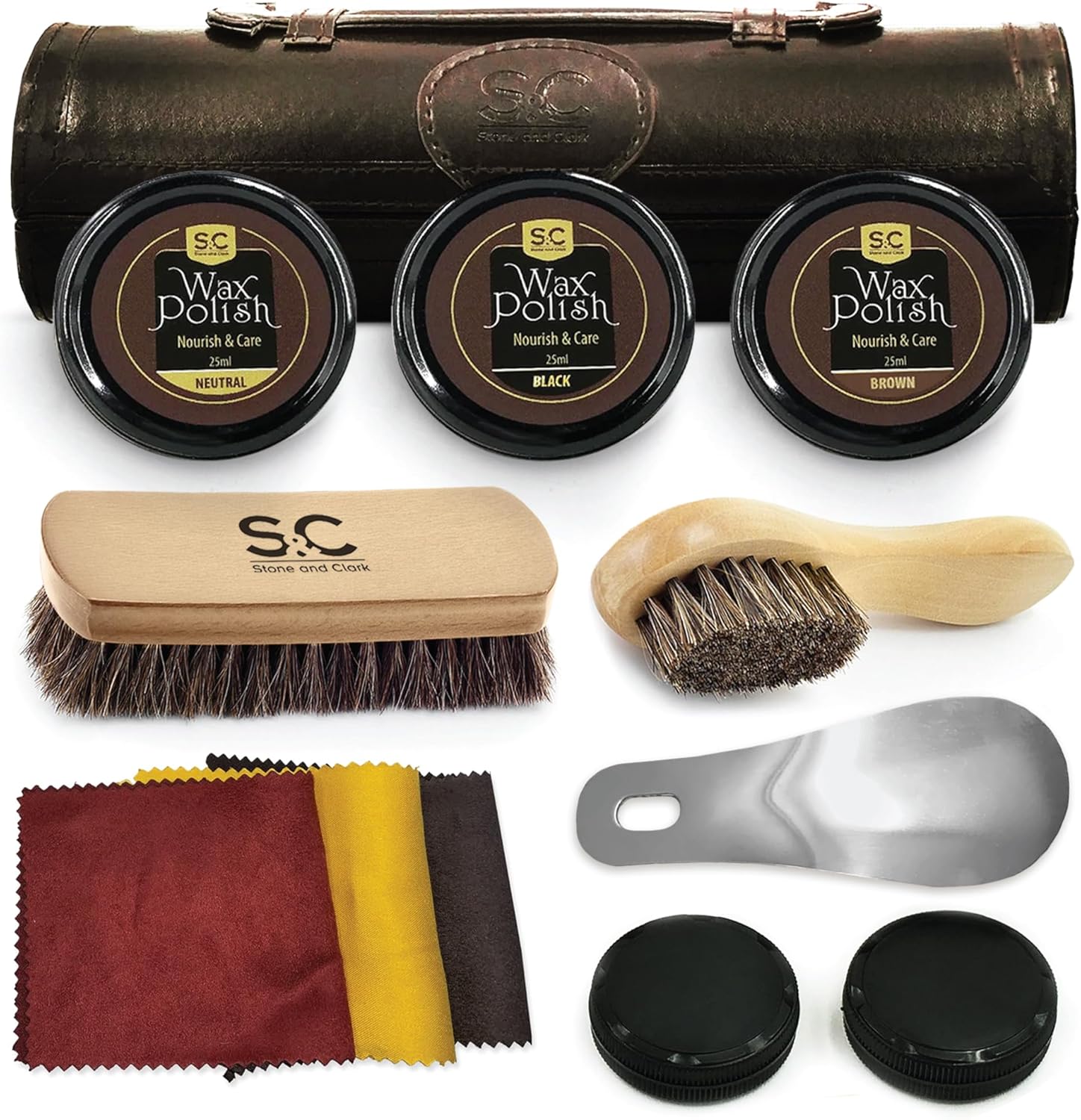 12PC Shoe Polish & Care Kit - Leather Shoe Shine Kit for Men & Women w/Brown, Black, Neutral Polish - Leather Boot Care Kit