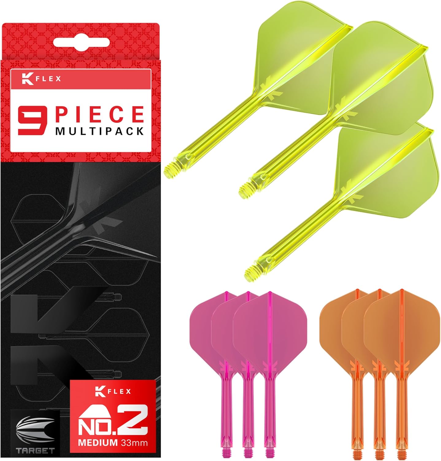TARGET Darts K-Flex Integrated Dart Flights and Shafts, Kflex 9 Pack Bundle, Multipack - K Flex 3 Colours | Black, White, Clear, Red, Green, Blue, Pink, Orange, Yellow | Short, Intermediate, Medium