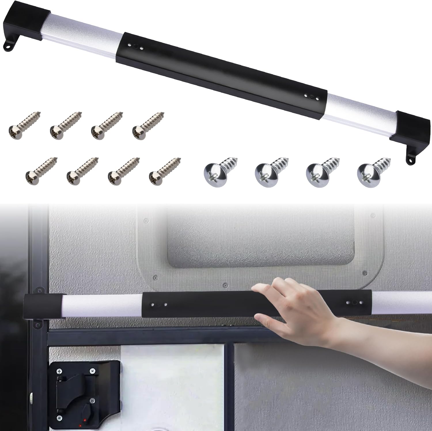 RV Screen Door Handle Grab Bar, RV Screen Door Protector, Push Bar for RV Screen Door, Adjustable from 21-5/8 to 28-5/8 Inch RV Screen Door Closer, Camper Screen Door Protector for Travel Trailer