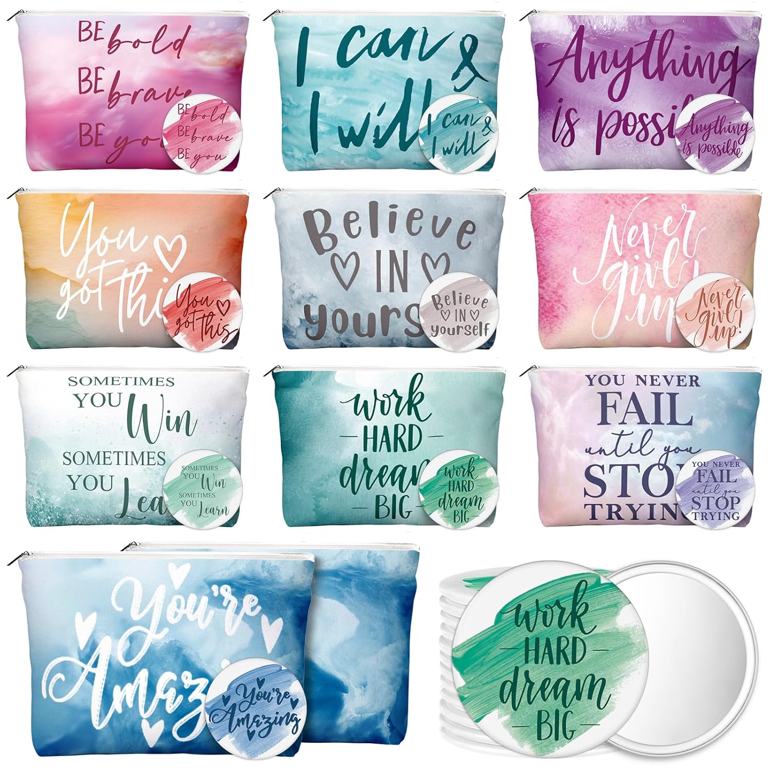 20 Pcs Employee Appreciation Gifts Inspirational Canvas Makeup Bags Compact Mirrors Bulk Cosmetic Bags Round Portable Mirror Thank You Gifts for Women (Motivation)