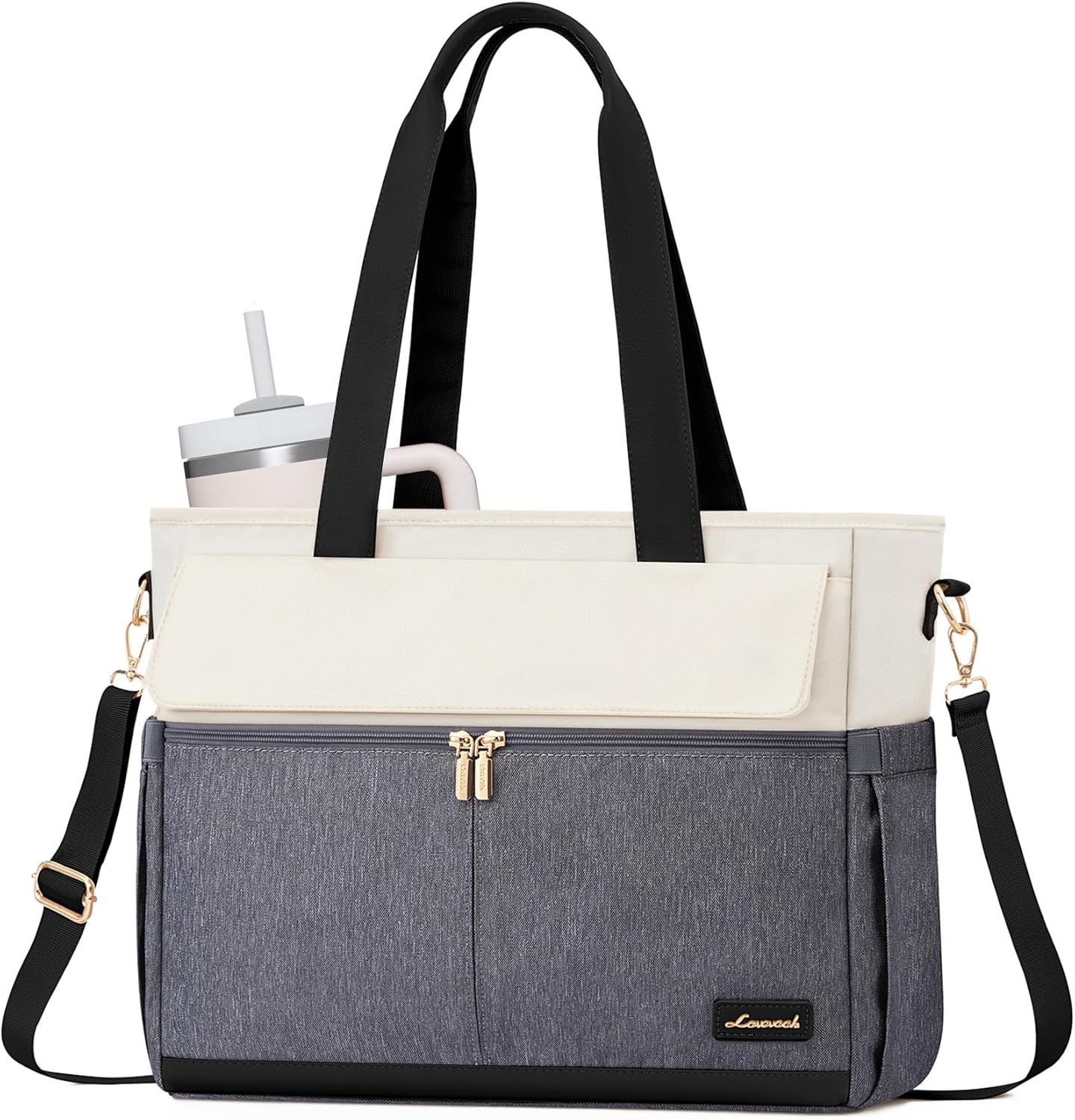 LOVEVOOK Laptop Bag for Women 15.6 Inch Canvas Laptop Large Capacity Work Bags Mutiple Pockets Teacher Bag Water Resistant Computer Bags for Business Travel Nurse, Gray Beige