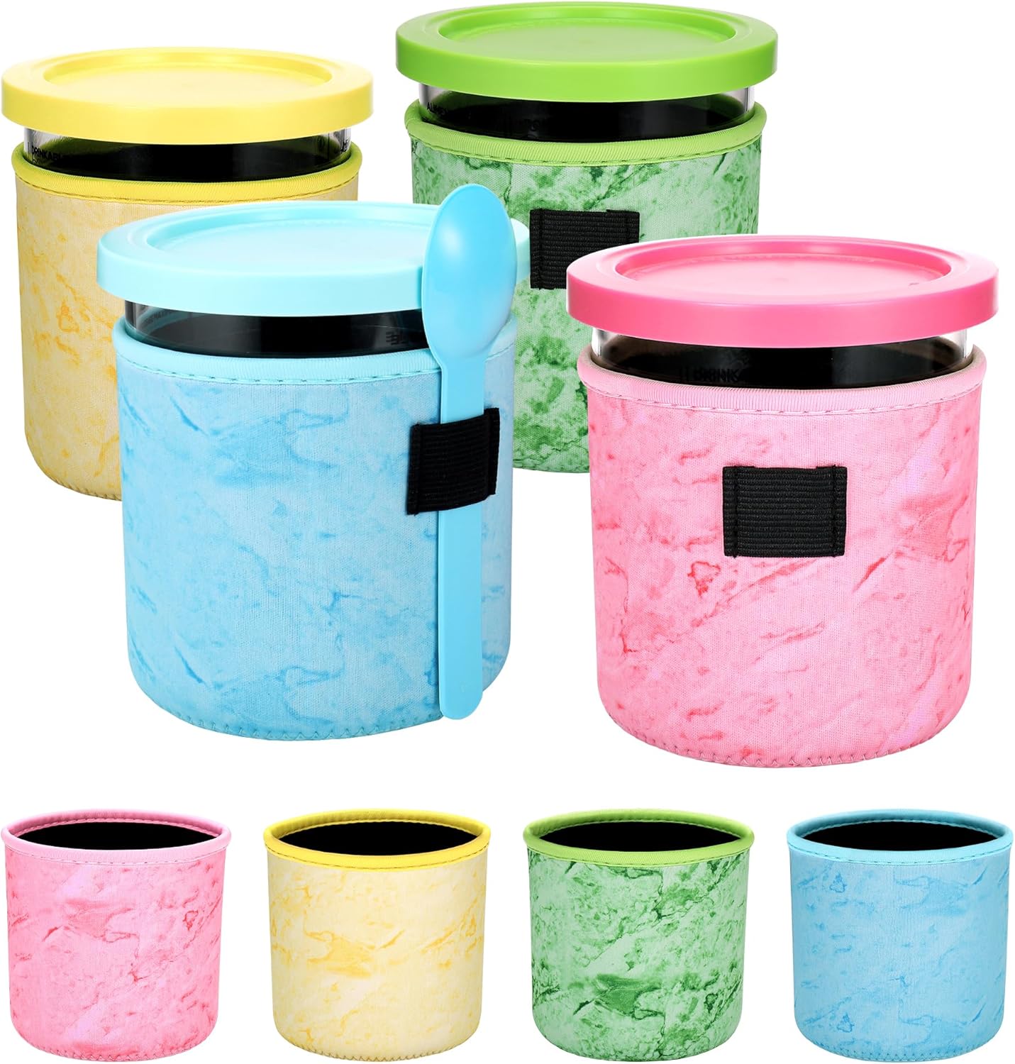 Hejo 4 Pcs Ice Cream Tubs Neoprene Sleeve for Ninja CREAMi Deluxe NC500 NC501 UK Series, Neoprene Sleeves for Ninja Ice Cream Container, Reusable Insulated Sleeves for Ninja Cream Deluxe Tubs (24OZ)