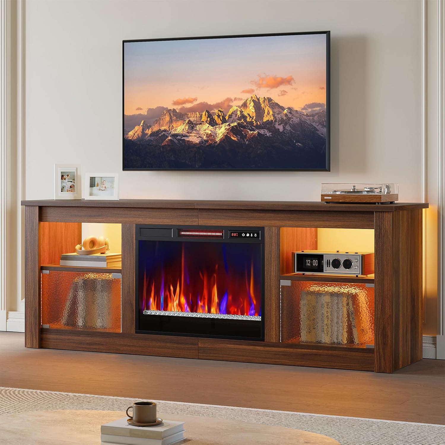 Bestier 63" Fireplace TV Stand for TVs Up to 70", RGB Remote Electric Fireplace Entertainment Center with Textured Transparent Door, Glass Shelves & Storage Cabinets for Living Room, Walnut