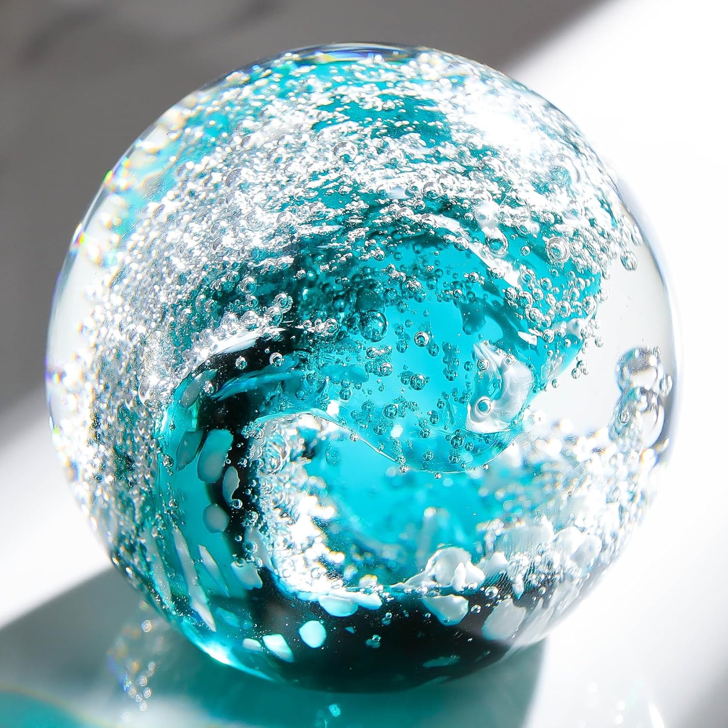 Hand Blown Glass Ocean Waves Paperweight Glass Ball for Friends, Dark Blue Bubble Ball Decoration for Home Office and Aquarium