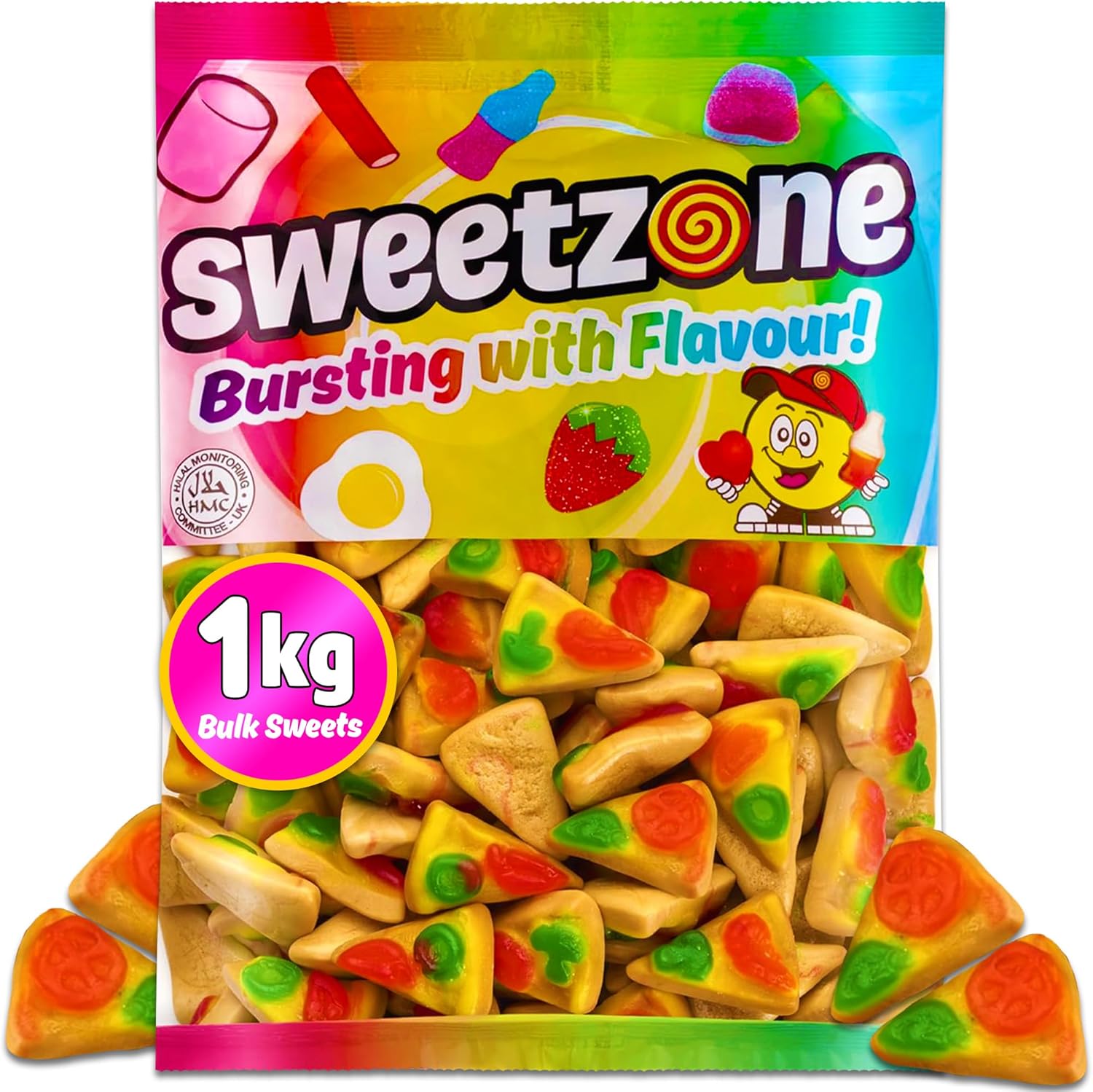 Sweetzone Gummy Pizza 1kg, Jelly Sweets Pick and Mix, Retro Sweet Hamper of Gummy Sweets, Chewy Sweet, Bulk Bags of Sweeties, Fruit gums, Fruit Jellies, and Halal Sweeties Bulk
