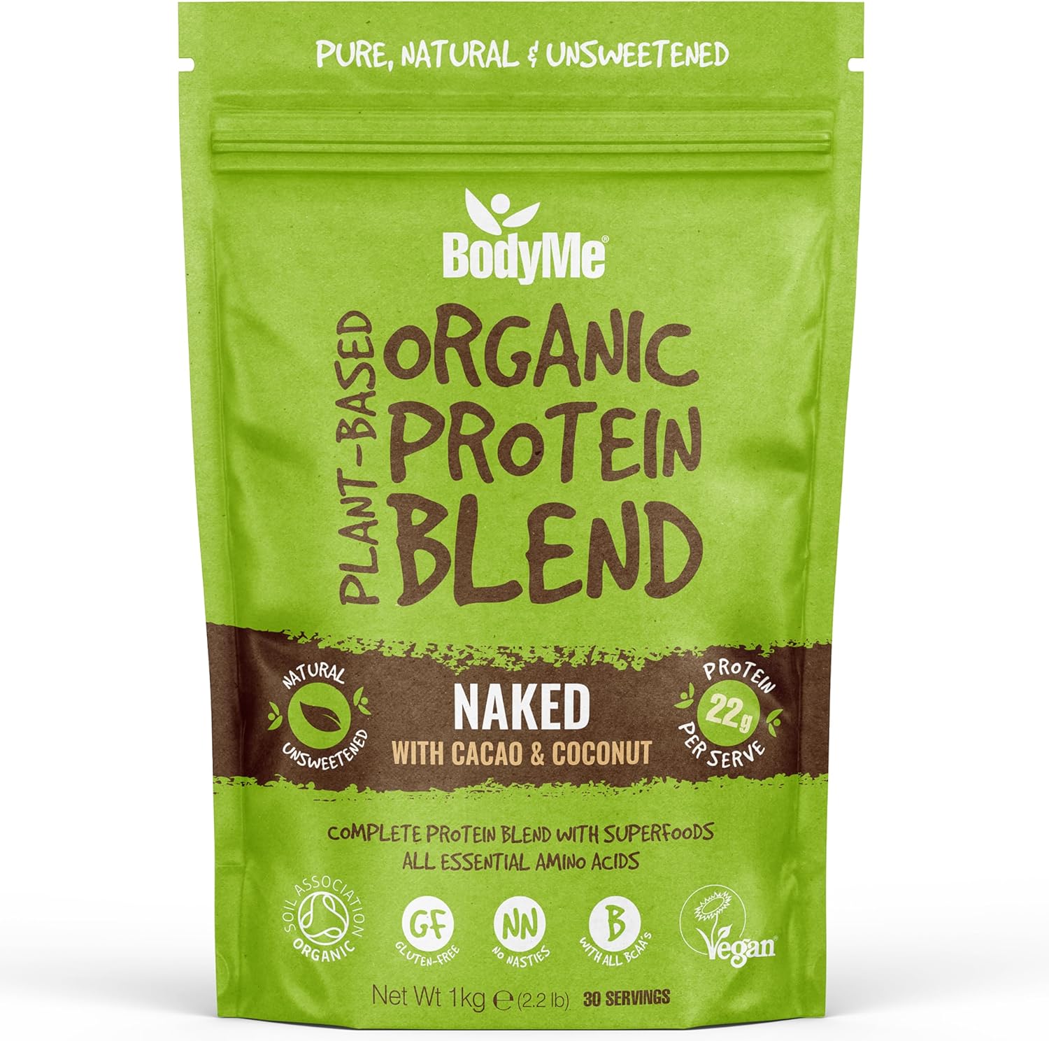 BodyMe Organic Vegan Protein Powder Blend | Raw Cacao | Gluten Free | Unsweetened Plant-Based Protein | Clean Organic High Protein Supplement | No Sugar | Dairy-Free | 1kg