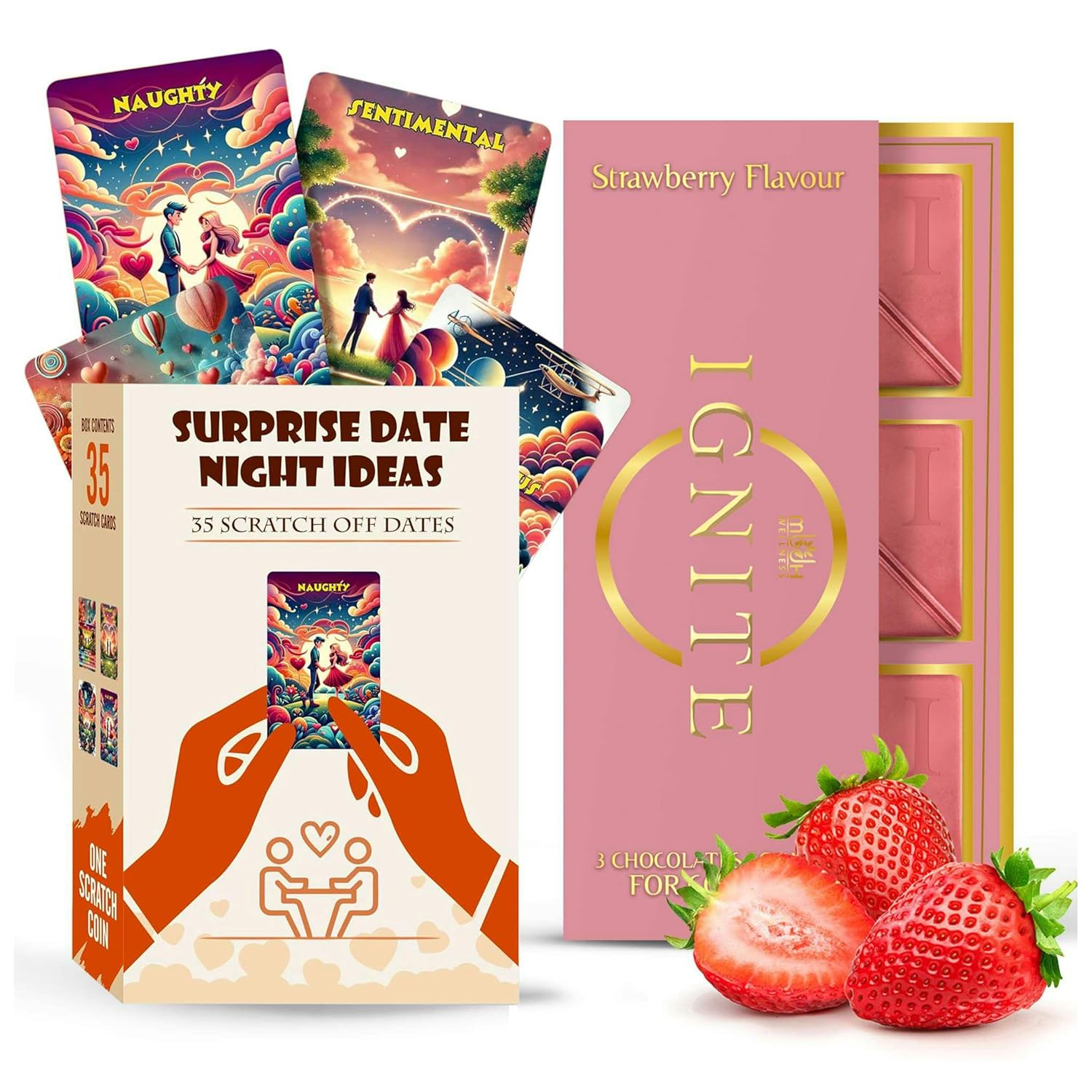Ignite Strawberry Chocolate & Scratch Cards Bundle – Unique, Flavorful Chocolate with Creative Date Night Challenges for Couples – Ideal Gift for Anniversaries, Birthdays & Special Occasions