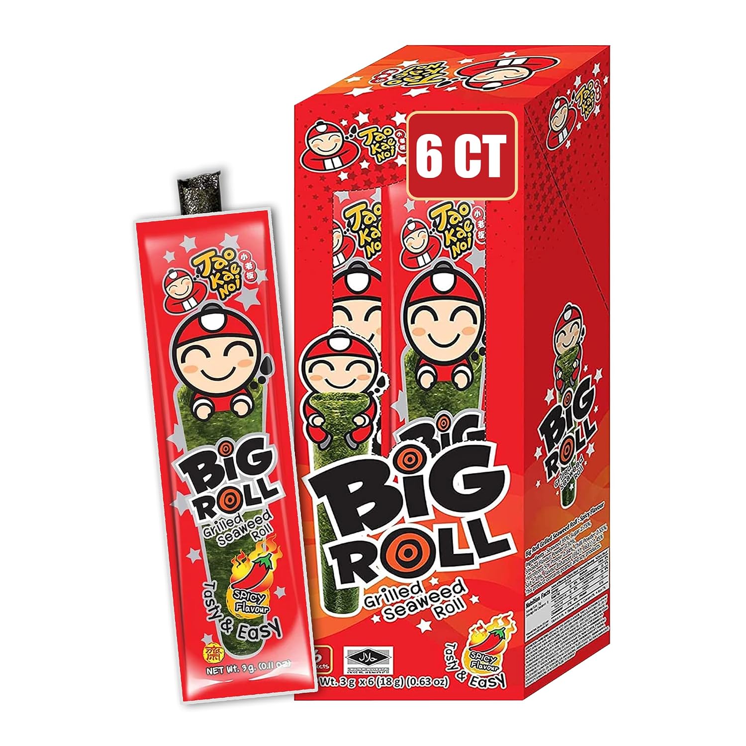 Big Roll Grilled Seaweed Snacks by Tao Kae Noi, Spicy Flavor Grilled Seaweed Rolls, Healthy Nori Sheet Rolls for Kids and Adults, Nori Snacks, 6 pack, 2.5g Bags