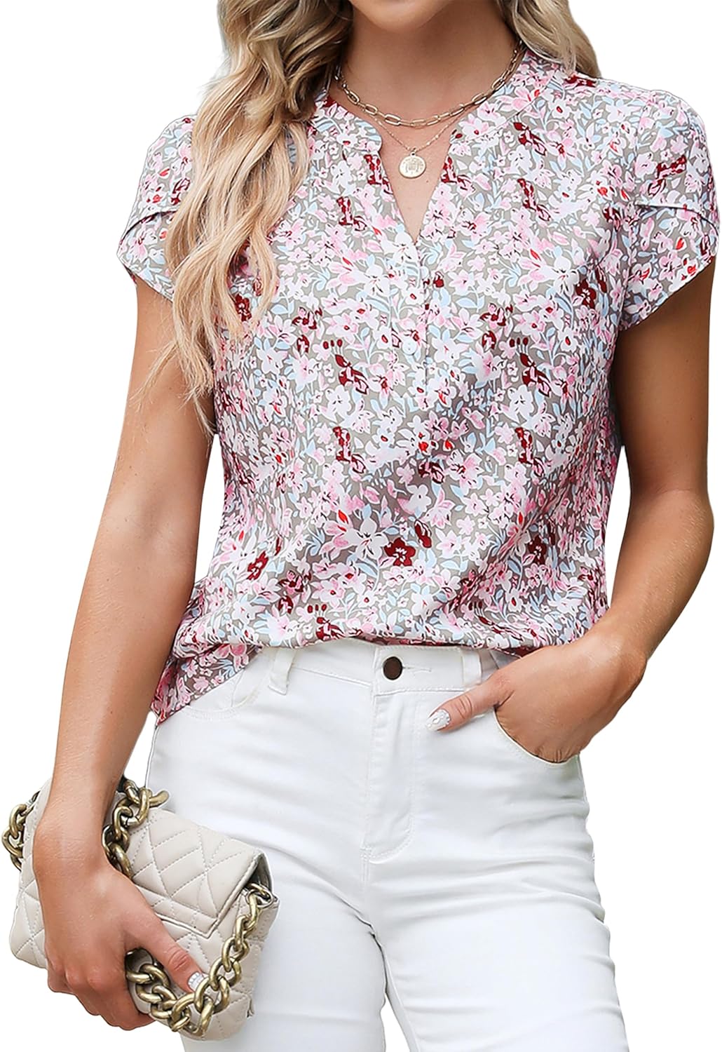 Blooming Jelly Women's Dressy Casual Tops Business Work Blouses White Button Down Shirts Cap Sleeve V Neck Tshirt