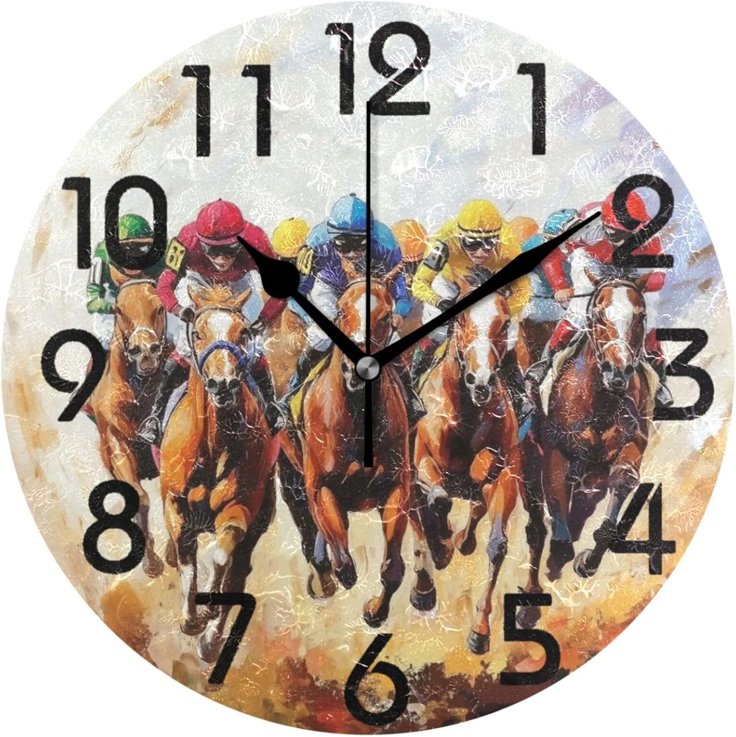 Pretty Large 10 Inch Round Wall Clock, Horse Race Painting Battery Operated Analog Quiet Non Ticking Desk Clock Decor for Home/Kitchen/Living Room/Nursery/Bathroom/Office/Classroom