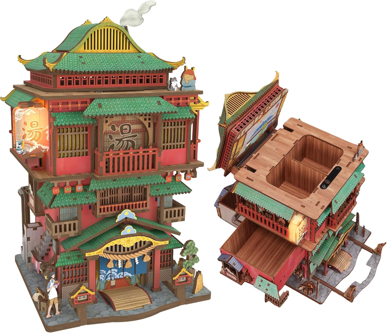 Tonecheer Onsen Saga Japanese Puzzle Miniature House Kit for Adults, DIY Wooden Dollhouse Kit with Hidden Storage & Auto-Sensing Lid 3D Puzzle Home Decor Gift for Birthday