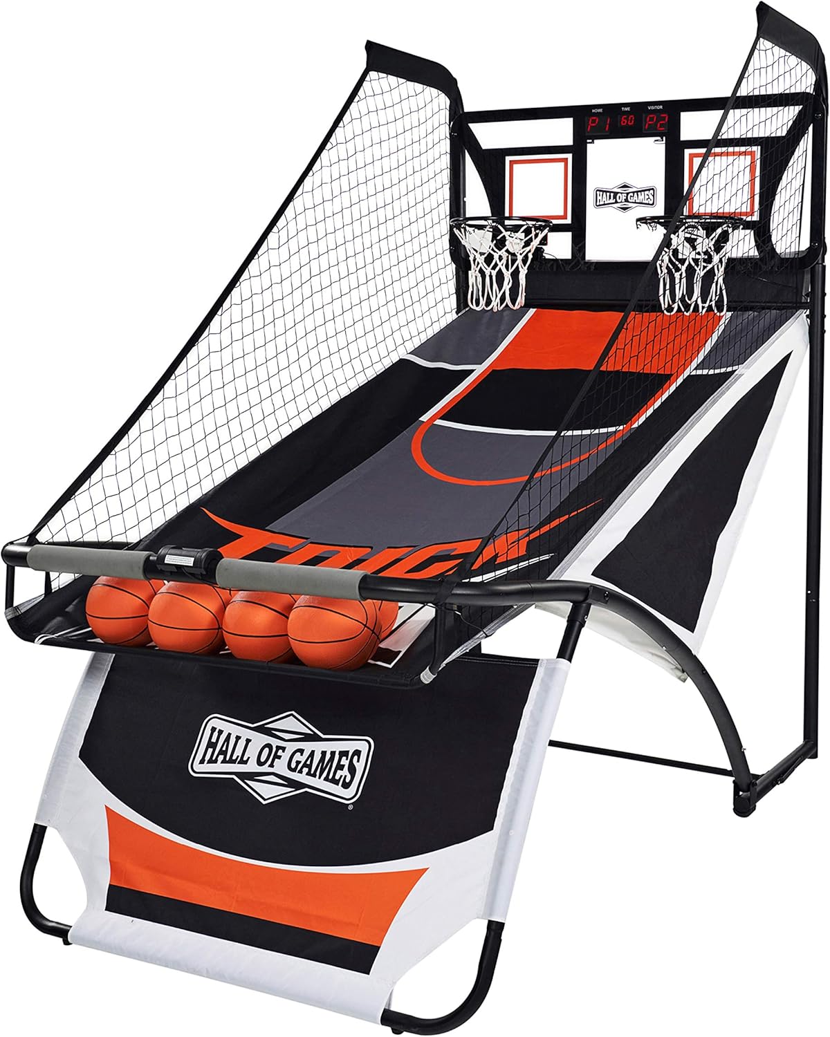 Hall of Games EZ Fold Premium Indoor Arcade Basketball Game with Steel Frame and Polycarbonate Backboard, Dual Shot Electronic Scoring with 6 Size 3 Balls Included, Perfect for Basement Game Rooms