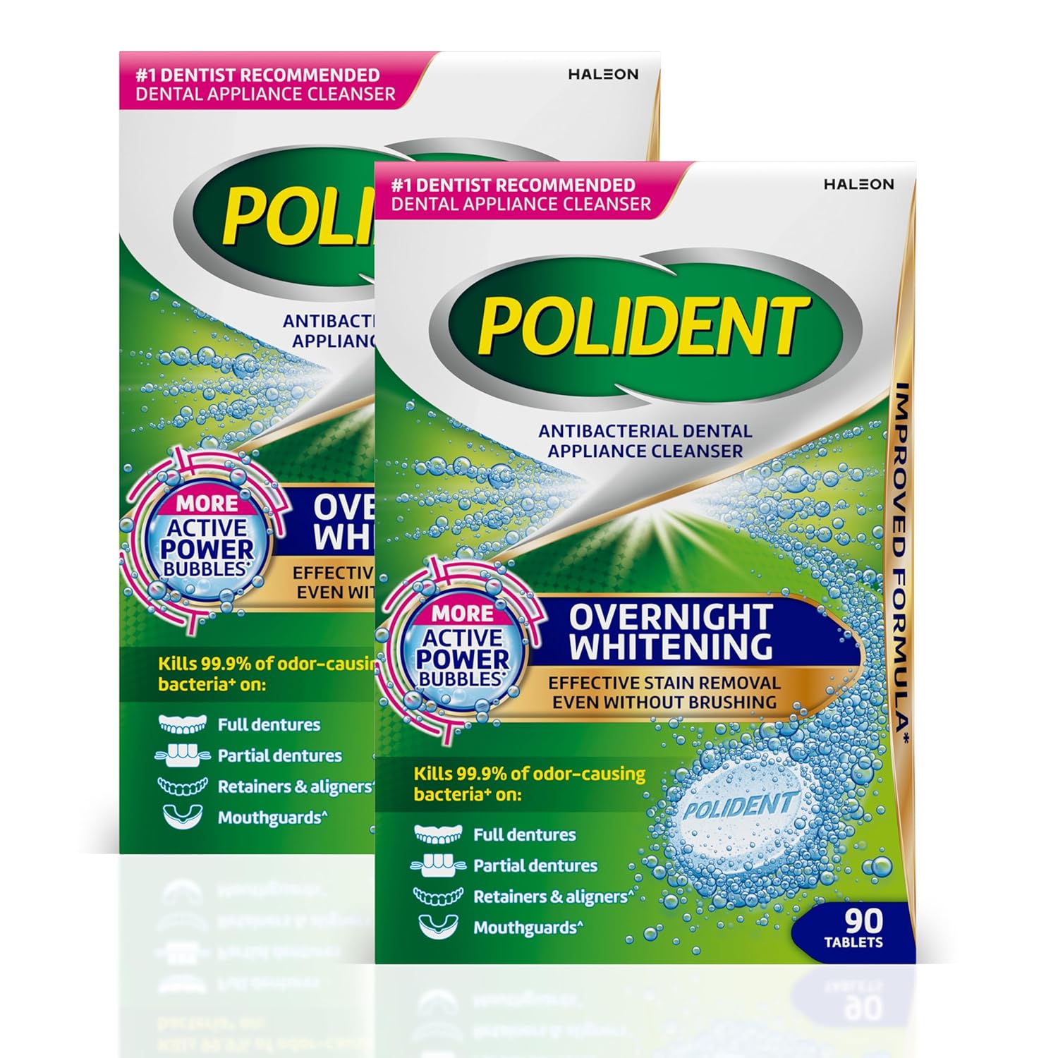 Polident Overnight Whitening Antibacterial Dental Appliance Cleanser Tablets, 90 Count (2 Pack)