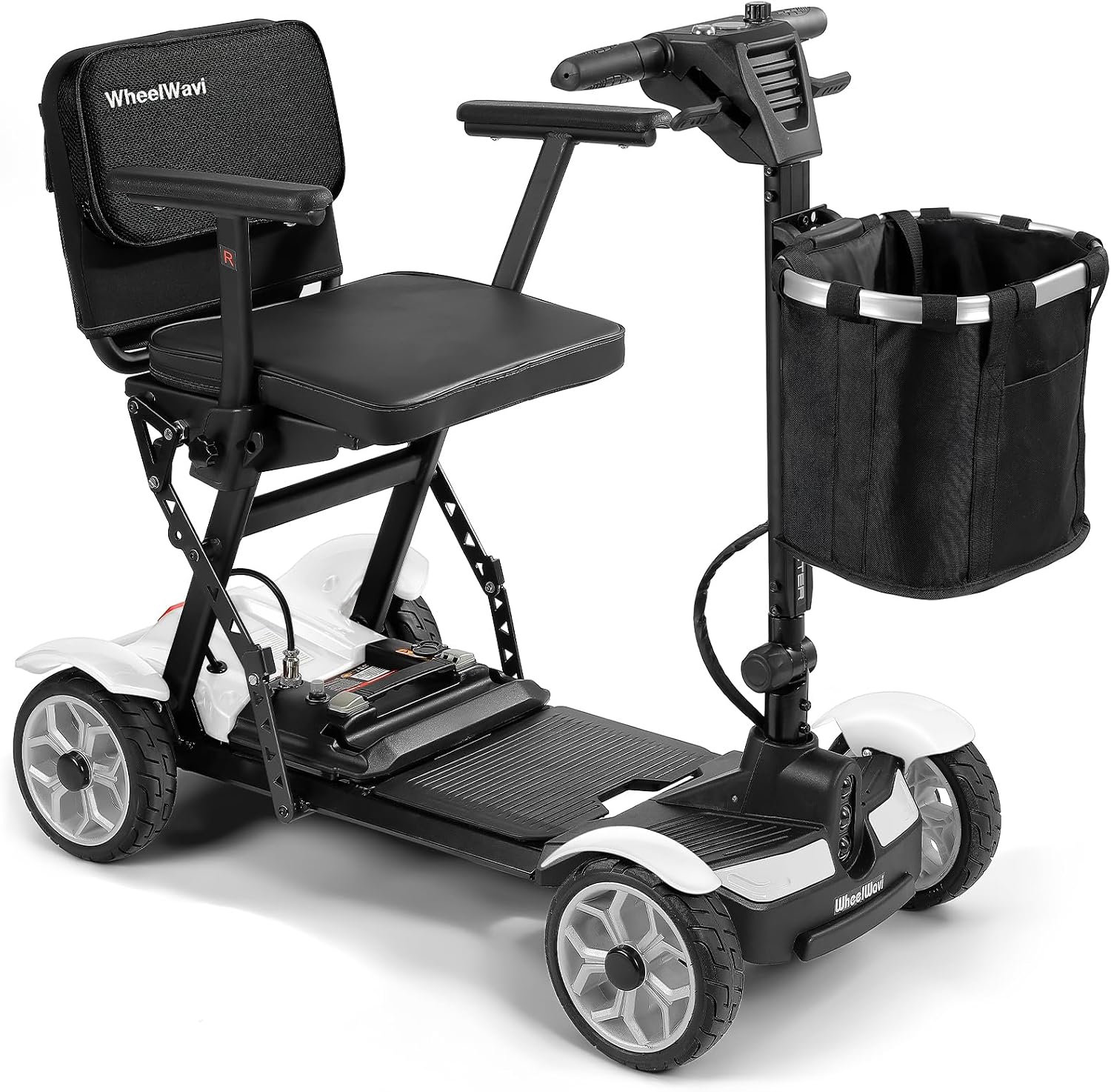 WheelWavi Lightweight Folding Mobility Scooter for Adults and Seniors, 47lbs Portable Electric Scooter with Removable 270W Lithium Battery, Storage Basket & Charger (White)