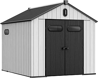 YITAHOME 8x10ft Resin Storage Structure, Outdoor 544 cuft Plastic Garden Storage Unit with Windows, Vents and Lockable Entrance, Waterproof Tool Organizer with Flooring for Lawn Equipment