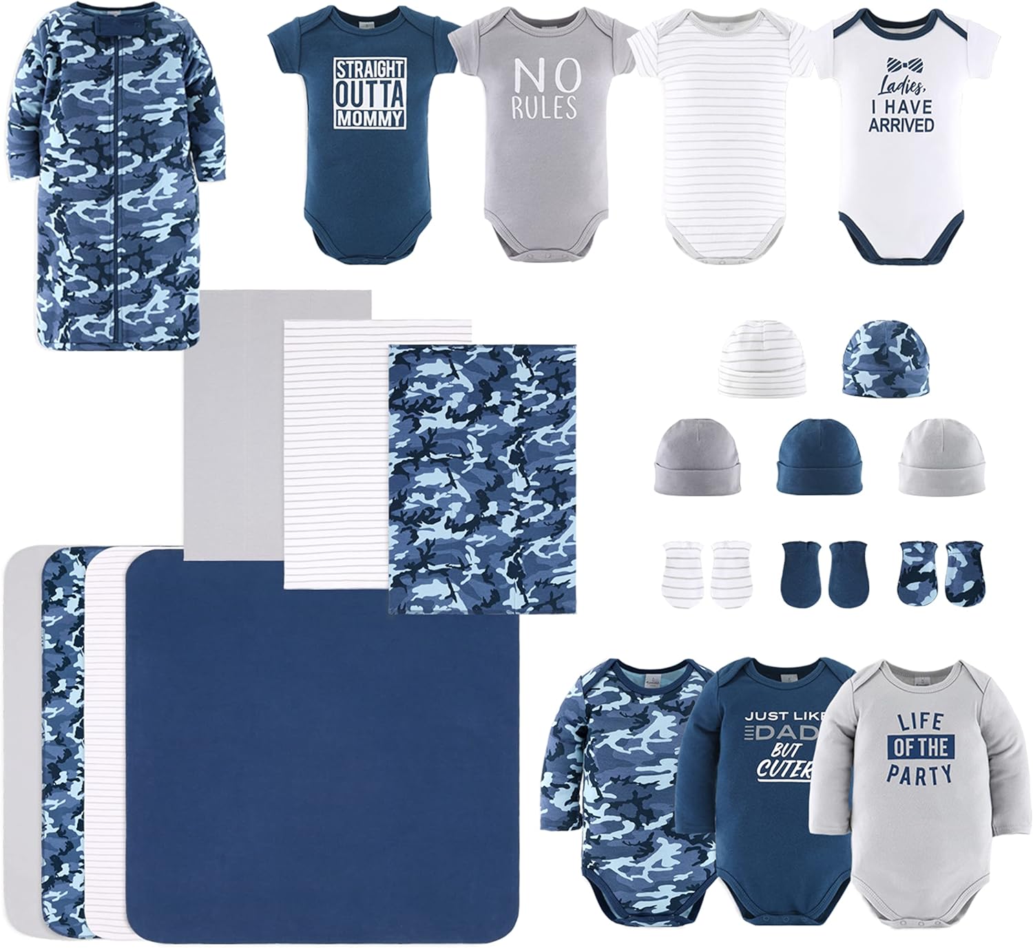 The Peanutshell Baby Layette Gift Set for Baby Boys - 23 Piece Boy Baby Clothes Newborn to 24 Months - Blue Camo