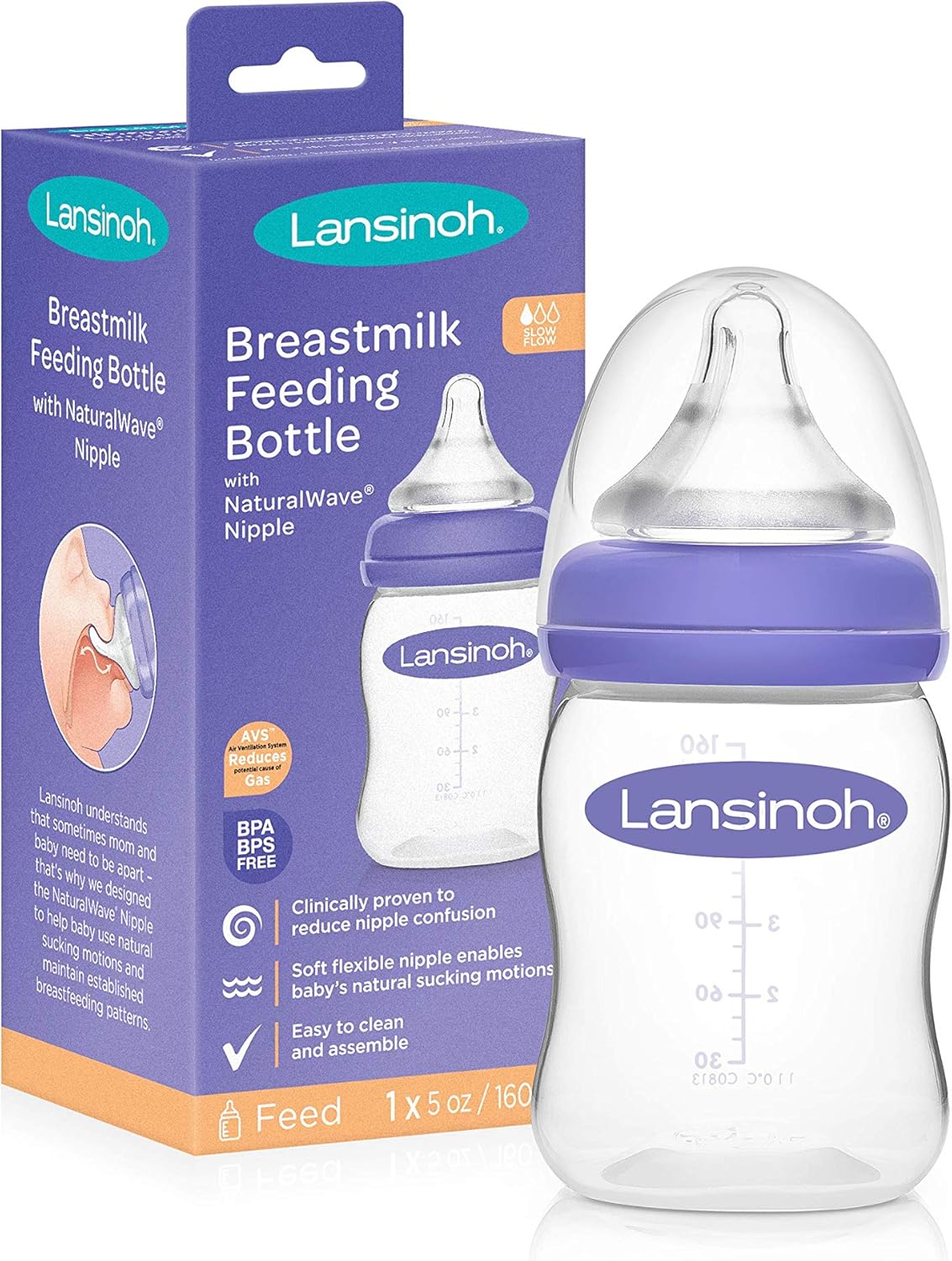 Lansinoh Momma Breastmilk Feeding Bottle with NaturalWave Slow Flow Nipple, 5 Ounces