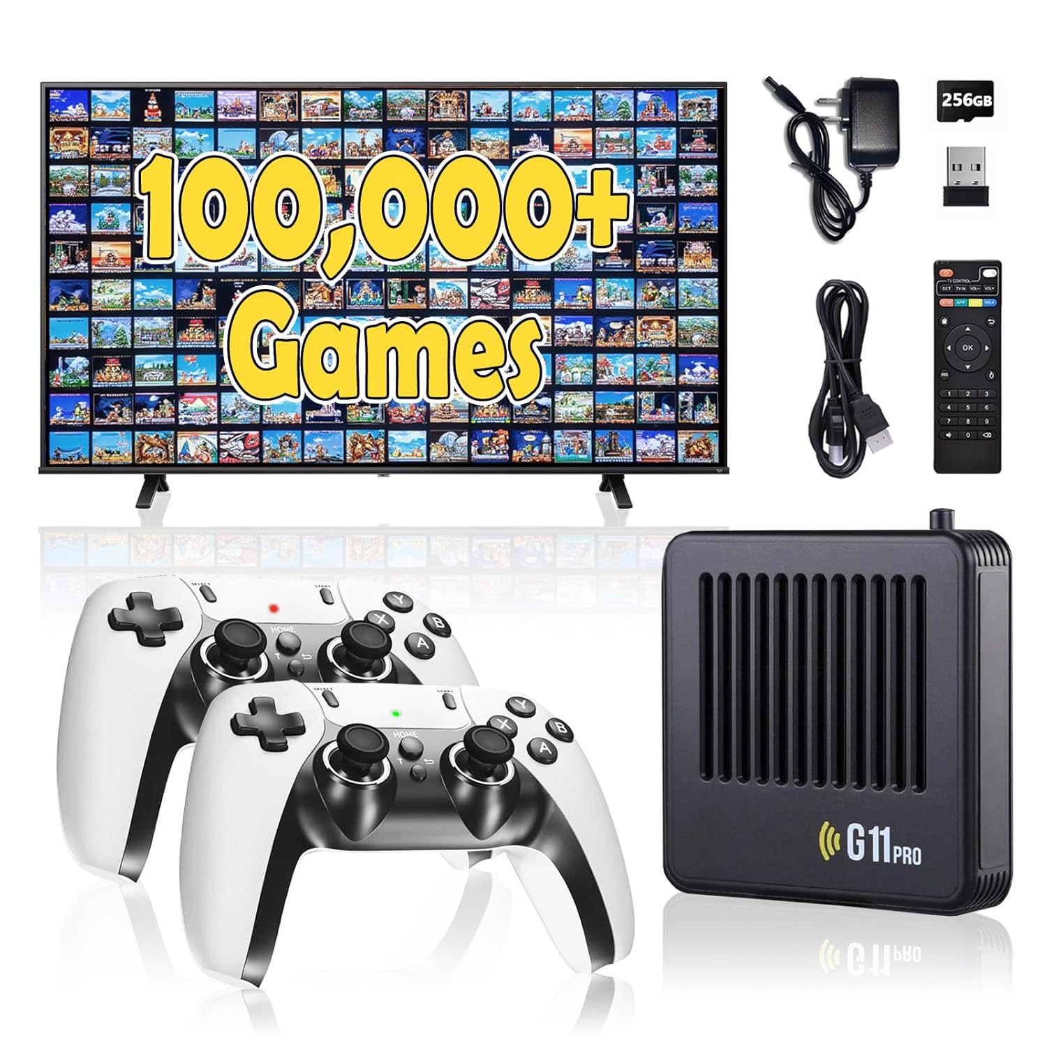 All8bit G11 Pro Game Box,Built-in 100,000 Games, 60 Emulators,Retro Gaming Console with 2.4g Wireless Controllers,Retro Gamer Pro, HDMI Output,Plug & Play Video Games for TV (Controllers)