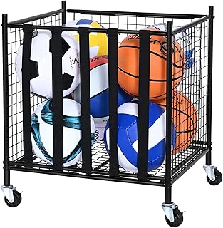 VEVOR Rolling Sports Ball Storage Cart, Lockable Basketball Cage with Elastic Straps, Sport Equipment Holder Organizer for Indoor Outdoor, Steel Storage Rack for Garages, Playgroup, Gym and Schools