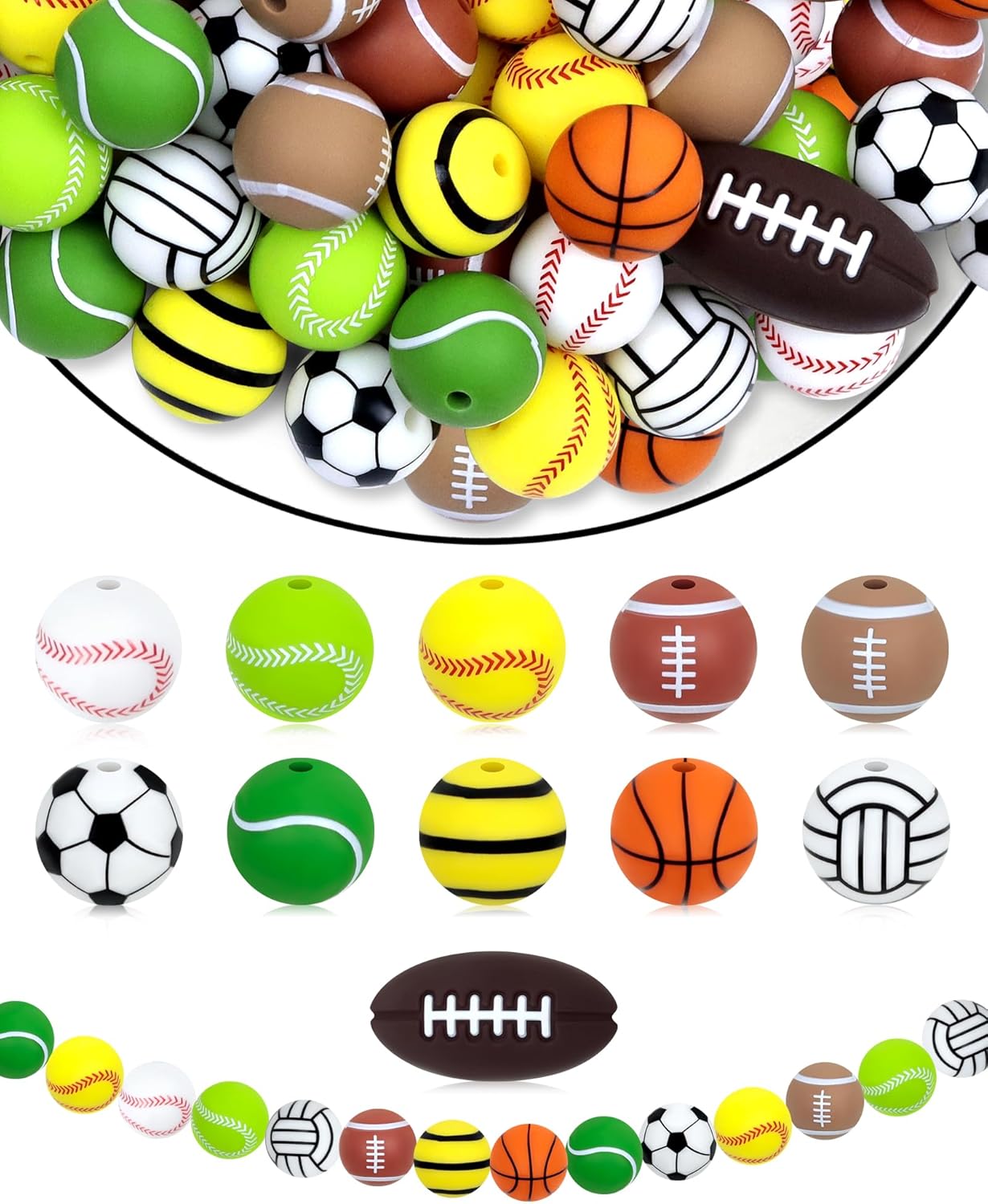 FIVEIZERO 41PC Sports Baseball Silicone Beads - Multi-Sport Focal Beads (Football Soccer Basketball Volleyball) for Keychains, Bracelets, Jewelry Making & Team Spirit Crafts
