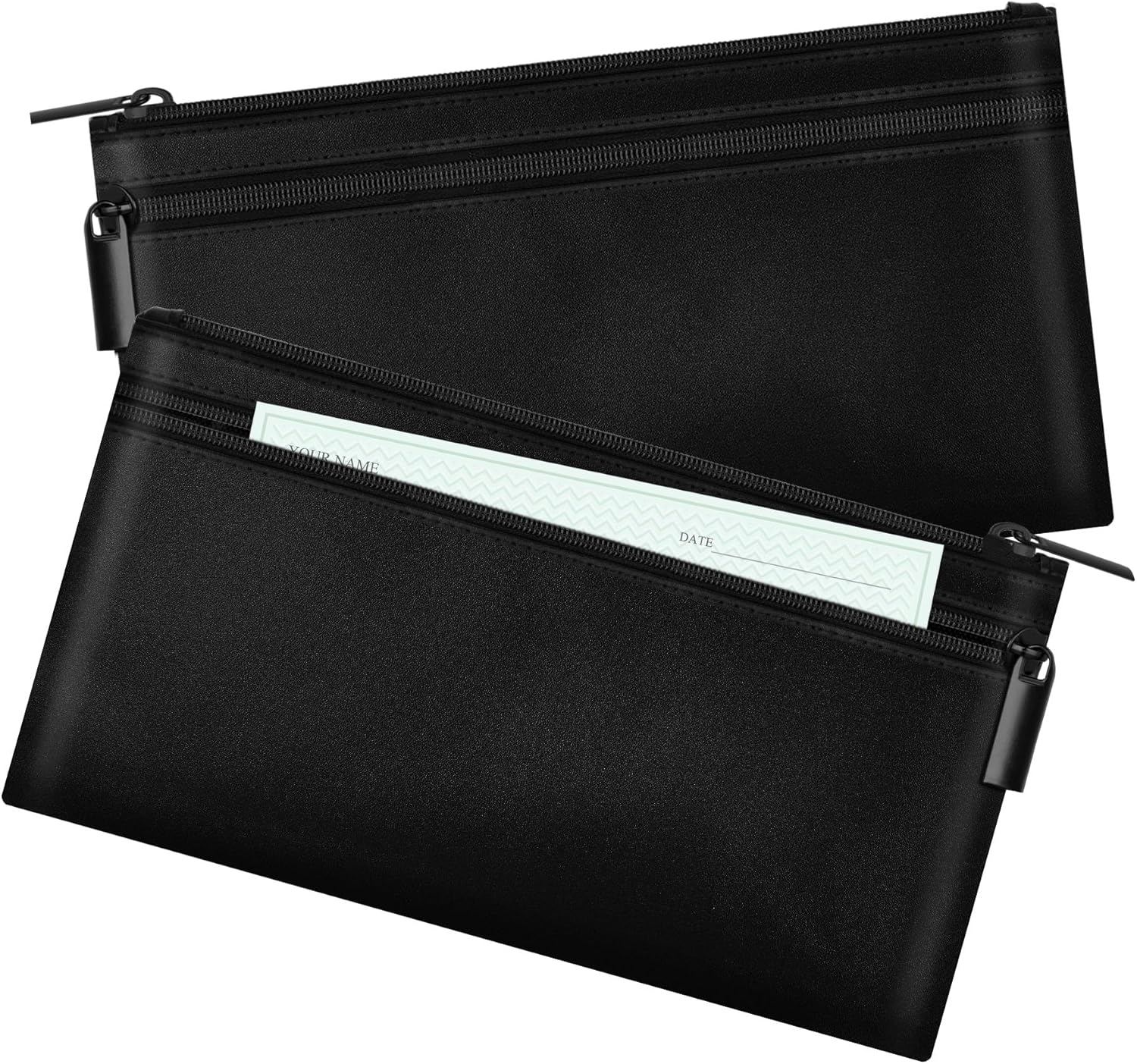HAUTOCO 2 PCS Money Bags, Money Envelopes with Zipper, Cash Pouches Cash Bags for Banking, PU Leather Money Wallet with Dual Pockets for Business Office, Travel Pouch for Passport Coins Bills, Black