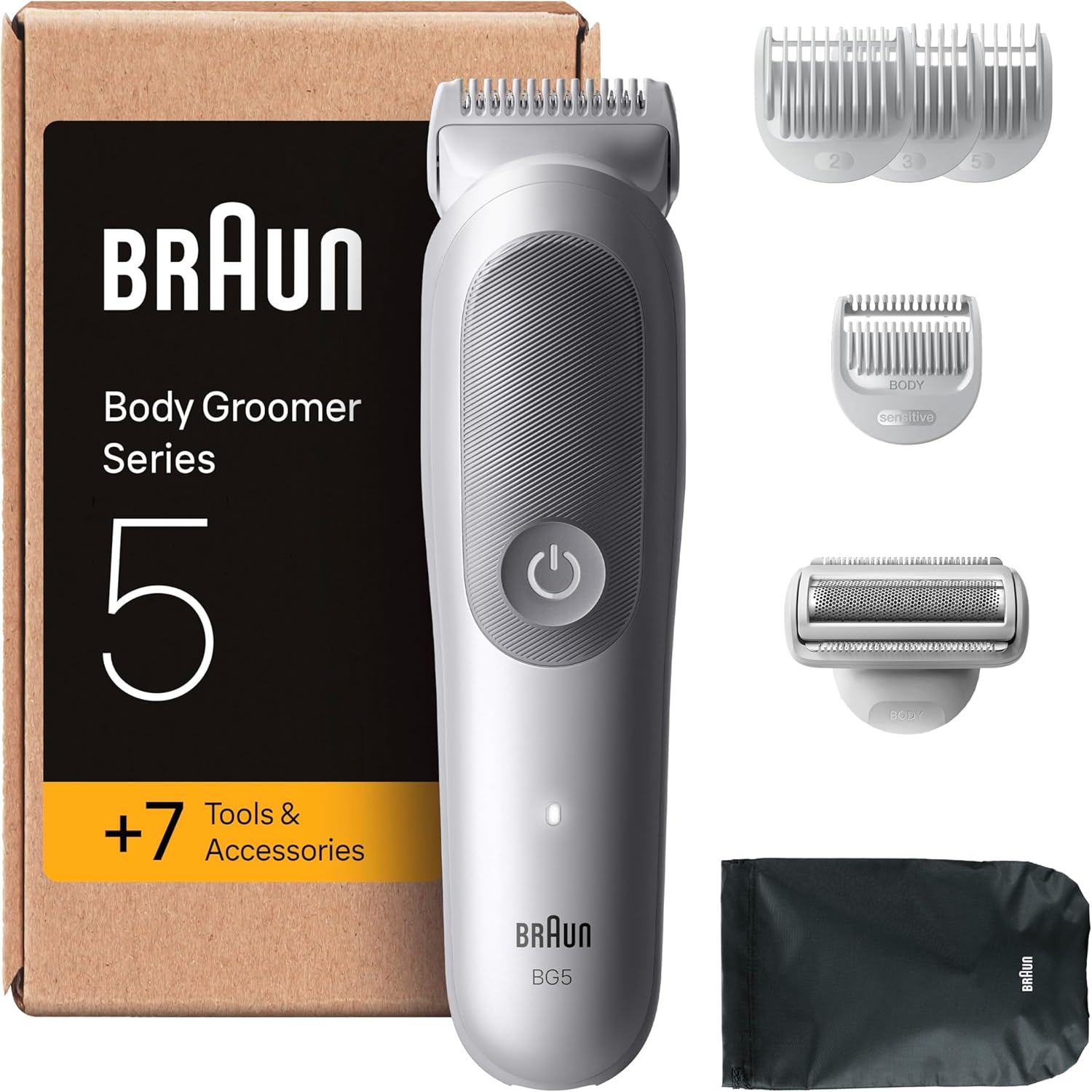 Braun Body Groomer for Men, Body Hair Trimmer +7 Tools, SkinGuard, Waterproof, 100 Min Runtime, Gentle Pubic & Private Area Shaver, Smooth & Sensitive Trim, Braun Series 5 Grey (BG5555)