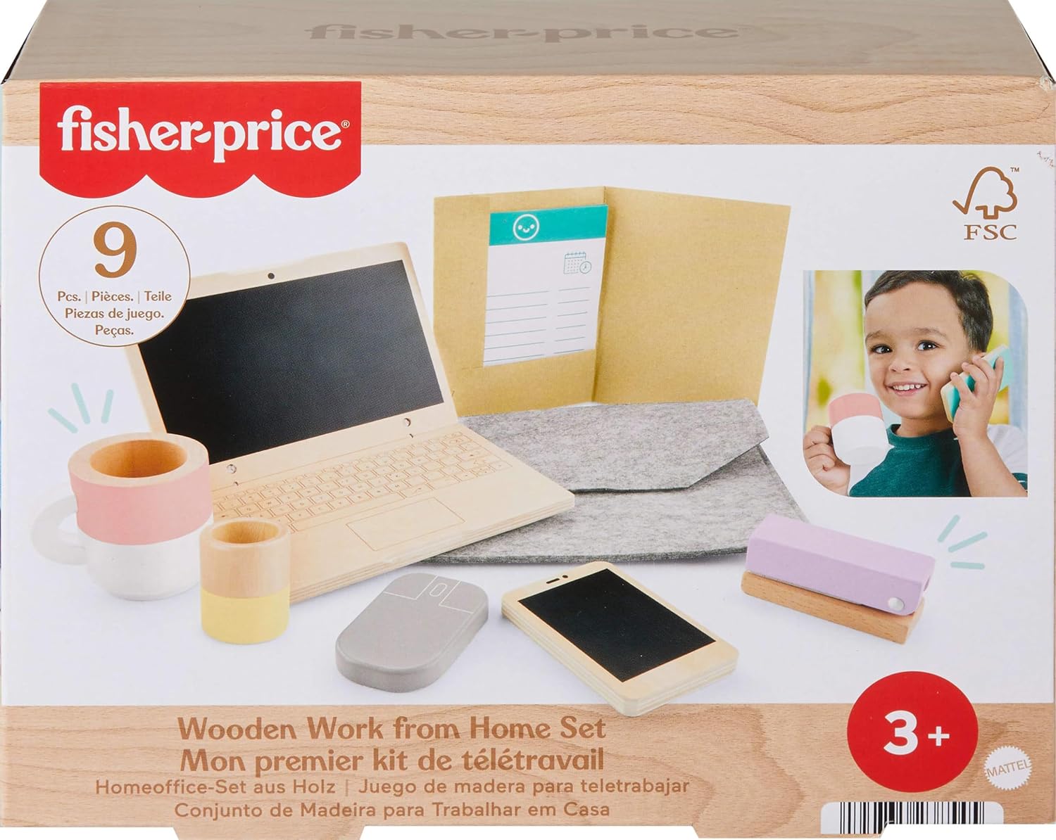 Fisher-Price Wood Pretend Play Work From Home Set, 9-Piece Office Playset with Wooden Toy Laptop & Phone for Preschool Kids Ages 3+ Years, HXV11