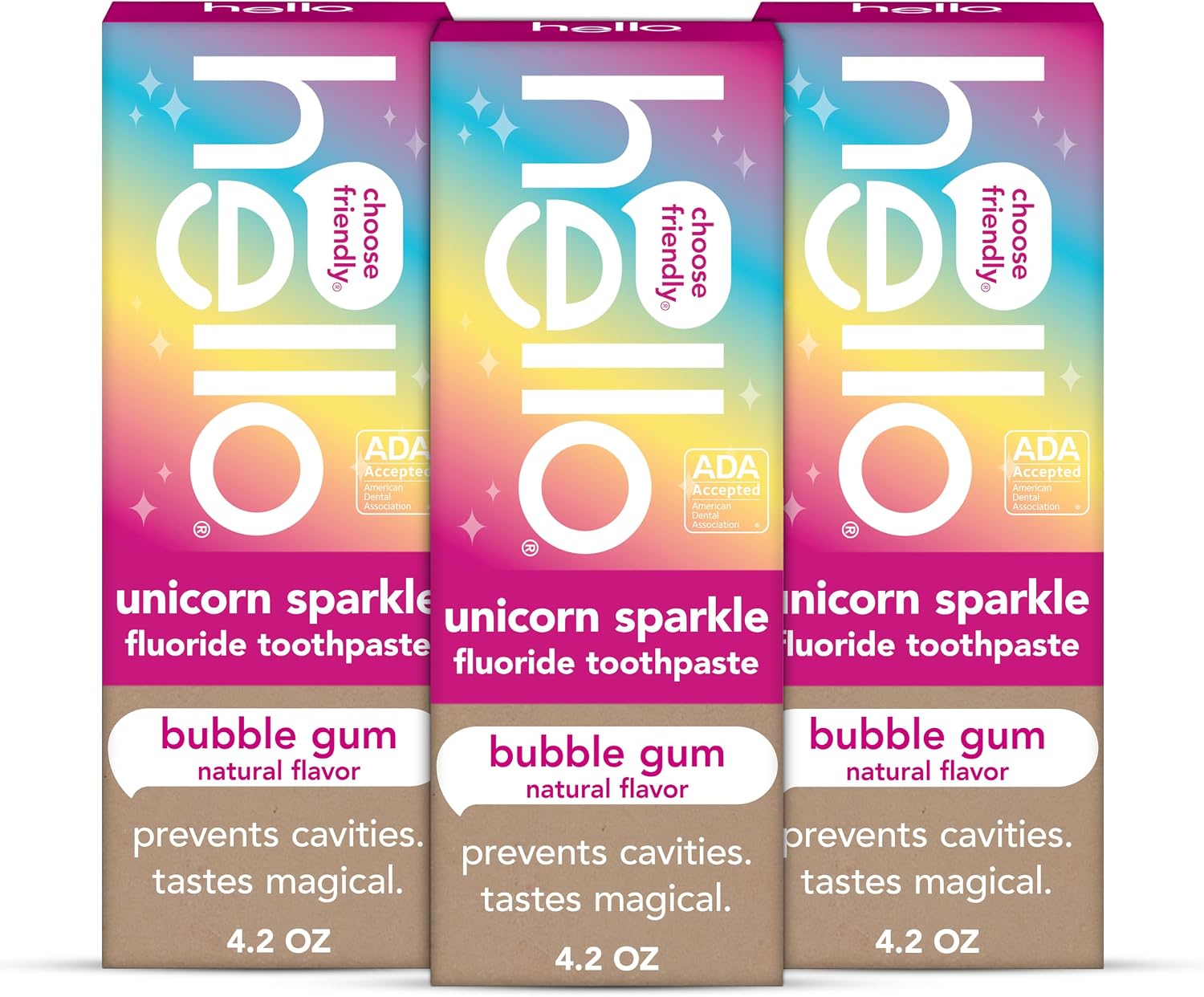 hello Unicorn Sparkle Kids Fluoride Toothpaste, Bubble Gum, 3 Pack, 4.2 oz