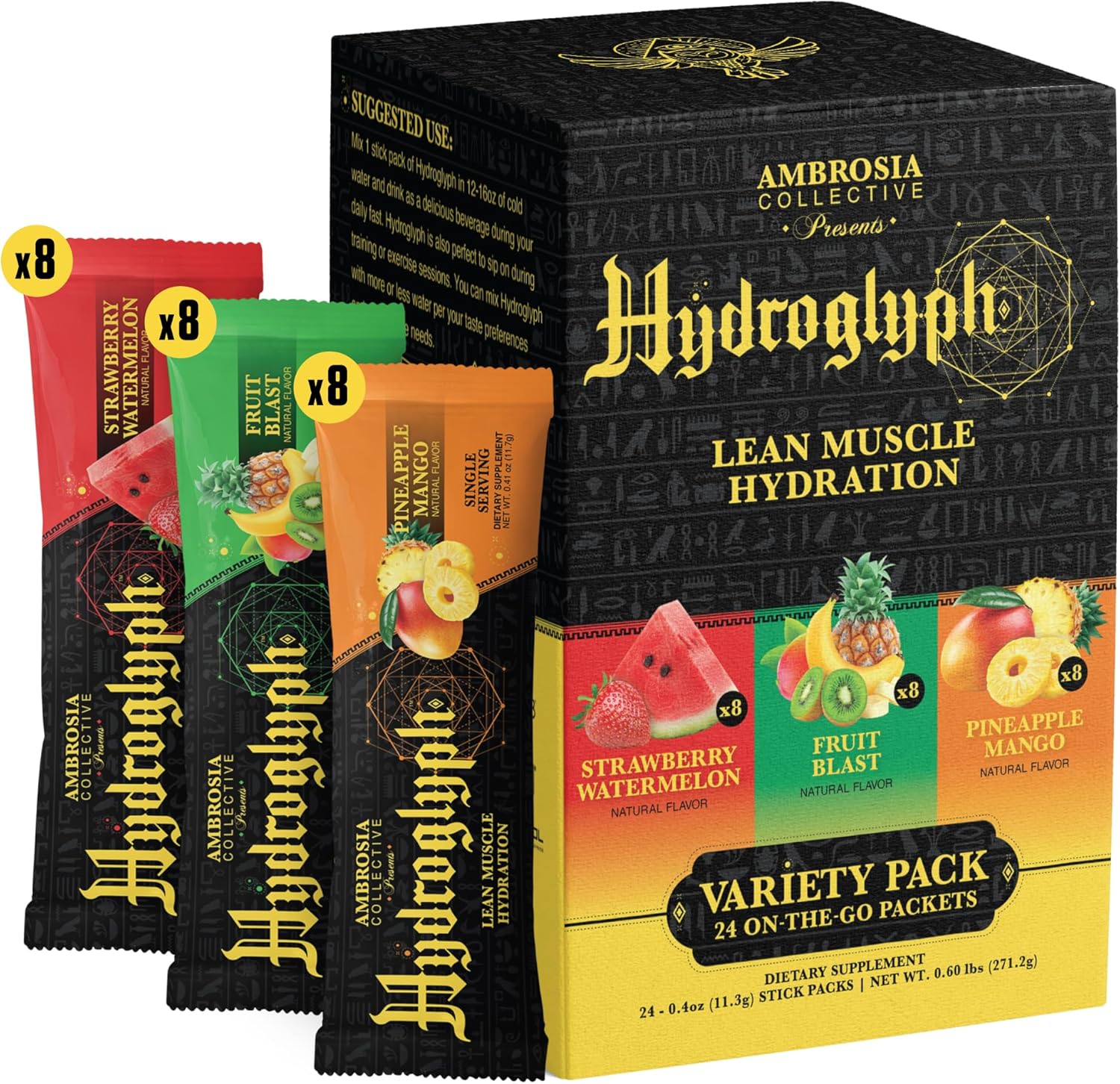 Ambrosia Hydroglyph Intraworkout Formula w/BCAA + EAA + Electrolytes Hydration Powder to Protect Lean Muscle, 0g Sugar Fasting Hydration Drink Mix, Made w/Coconut Water (Variety Pack) On-The-Go Packs
