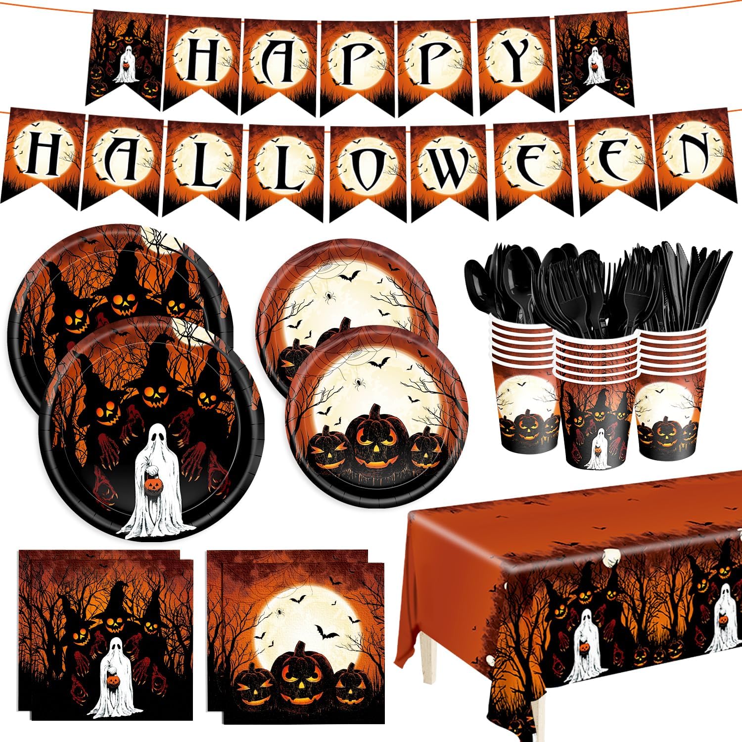 212pcs Halloween Party Plates Napkins Halloween Ghost Party Supplies Black Pumpkin Spooky Disposable Paper Tableware Set Happy Halloween Banner Tablecloth Cups Halloween Party Decoration Kids Serve 30