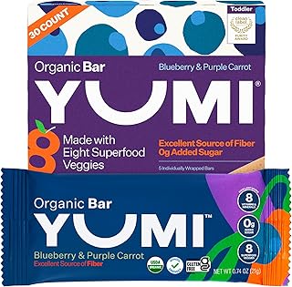 Yumi Organic Toddler Snack Bars (30 Count), Gluten-Free, No Added Sugar, 7+ Vegetables, Soft-Baked Crust, Healthy Snack Bars for Kids, School Safe for Kids Lunch Boxes (30, Blueberry & Purple Carrot)