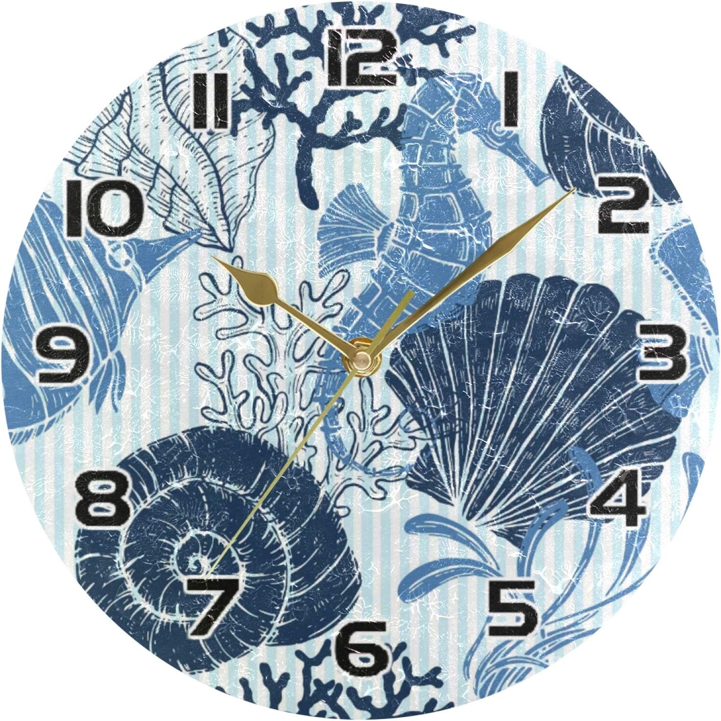 HMZXZ 9.5 Inch Wall Clock Sea Seahorse Seashell Pattern Silent Non Ticking Round Clock for Home Living Room Kitchen Office School Decor