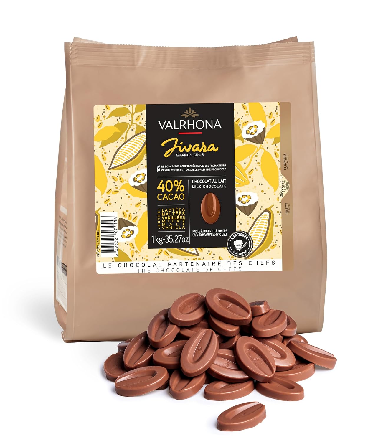 Valrhona Premium French Baking Creamy Milk Chocolate Discs (Feves). JIVARA 40% Cacao. Easy Melt and Tempering. Hints of Vanilla and Malt. For Cookies, Mousses, Frostings and Candies 1kg (Pack of 1)