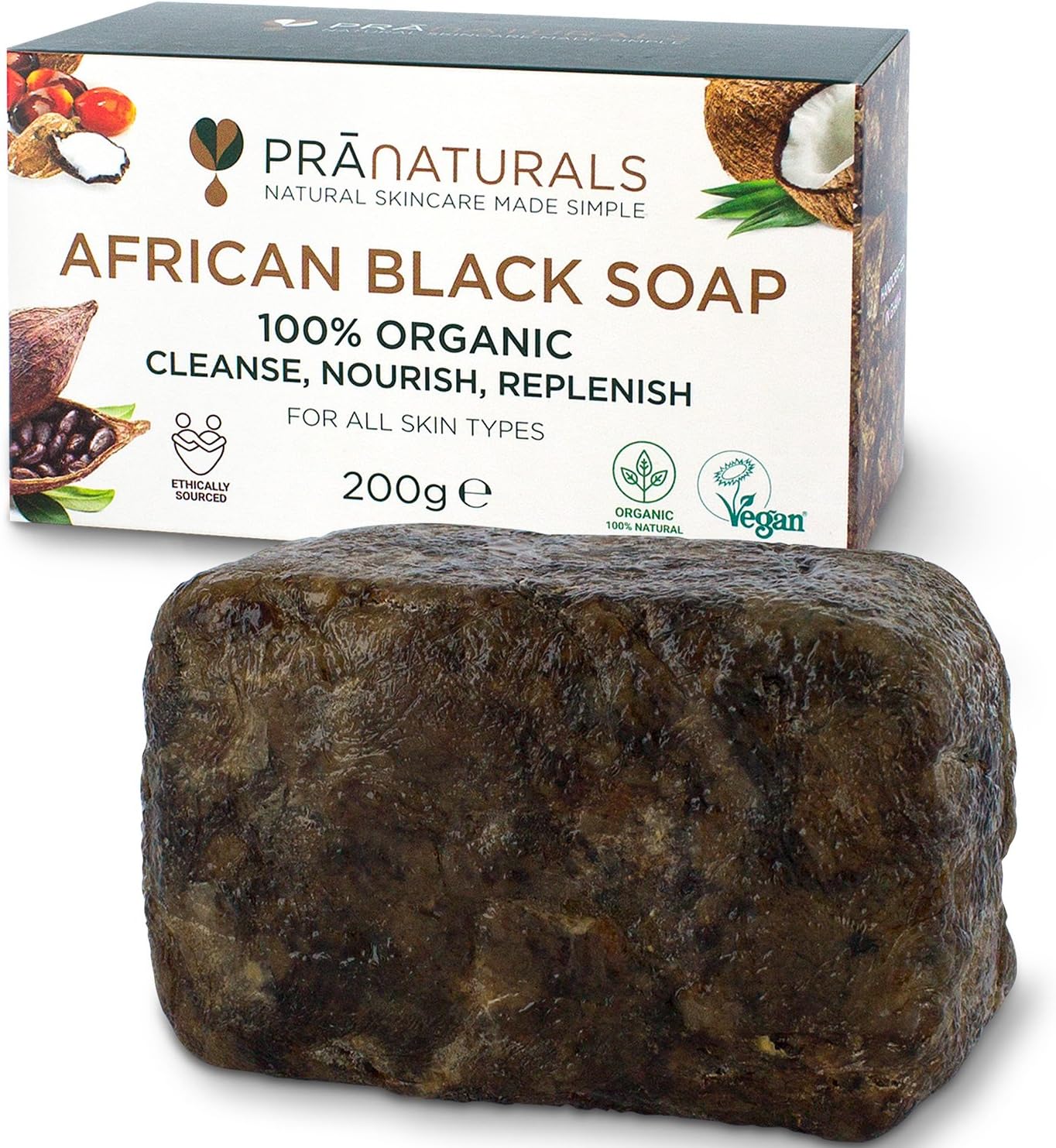 PraNaturals 100% Organic Raw African Black Soap 200g, Ethically Sourced and Handcrafted in Ghana, For All Skin Types, Detoxifying and Anti-Ageing All Pure Natural, Vegan, Unprocessed