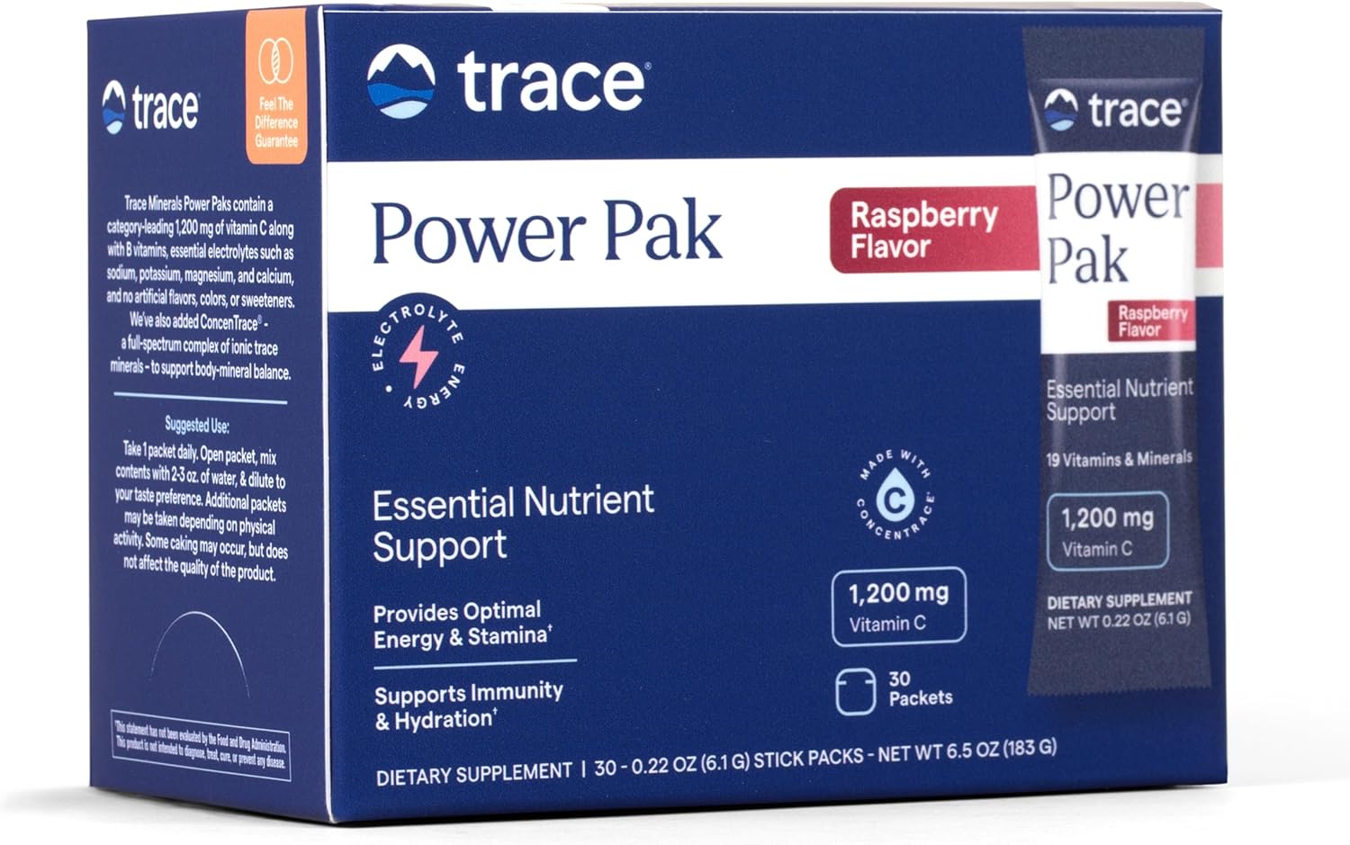 Trace Minerals Power Pak Electrolyte Powder Packets, Raspberry, 30 Ct