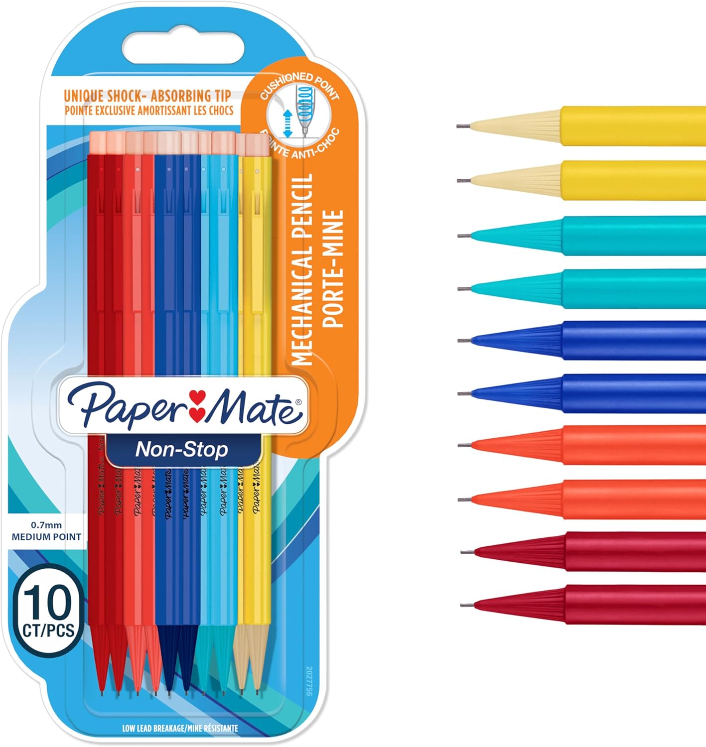 Paper Mate Non-Stop Mechanical Pencil | 0.7mm with Shock-Absorbing Tip | HB #2 | Assorted Barrel Colours | 10 Count