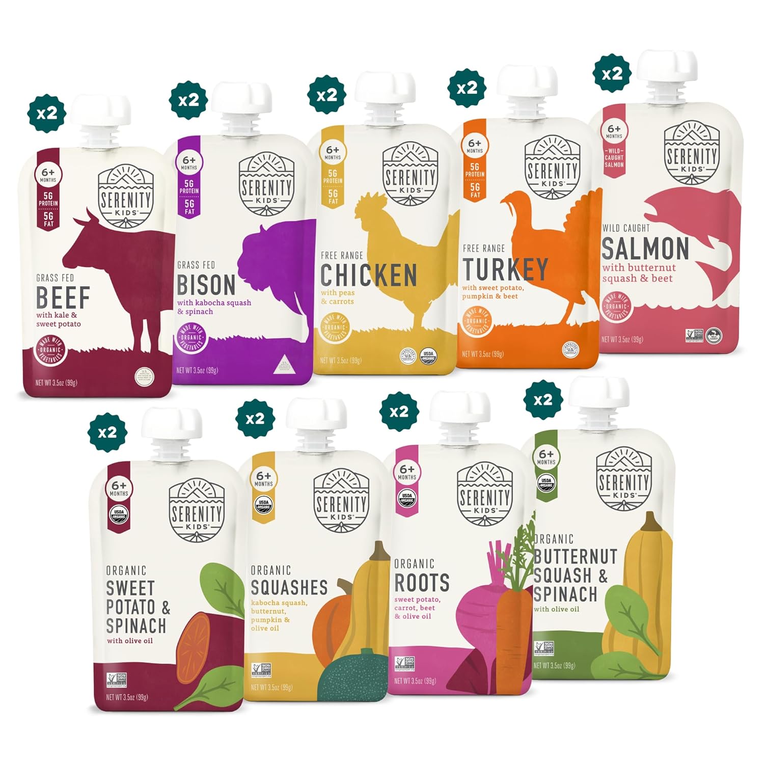 Serenity Kids 6+ Months Meats + Veggies Mixed Baby Food Puree Pouch Variety Pack 18 Count- No Sugary Fruits or Added Sugar - 3.5 Oz BPA & Allergen Free Pouch- Baby Puree Variety Pack - Pouches - Bison