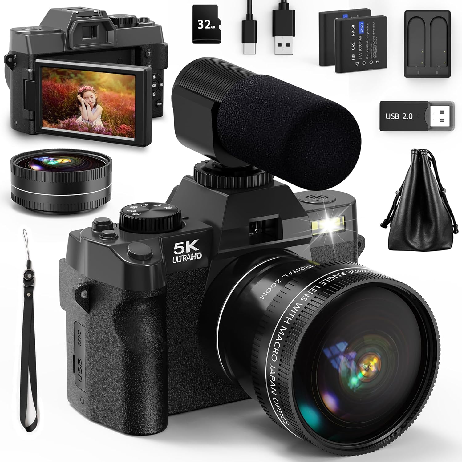 NBD Digital Cameras for Photography 5K,48MP Autofocus Vlogging Camera for YouTube with 32GB TF Card & 2 Batteries,16X Zoom Anti-Shake Video Camera with 52mm Wide Angle and Macro Lens(S110