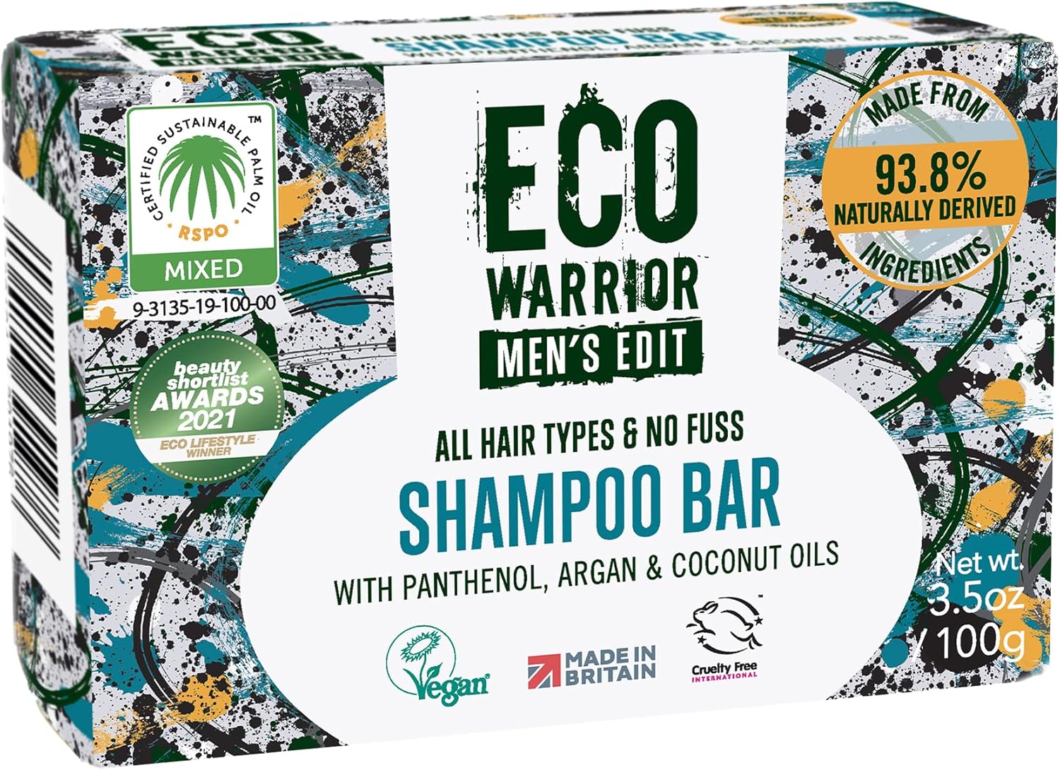 Eco Warrior Men’s Edit Shampoo Bar, 100g | Natural, Vegan, Cruelty Free, Eco Friendly | Cleansing and Moisturising Shampoos with Argan and Coconut Essential Oils | No SLS or Parabens | Mens Gift